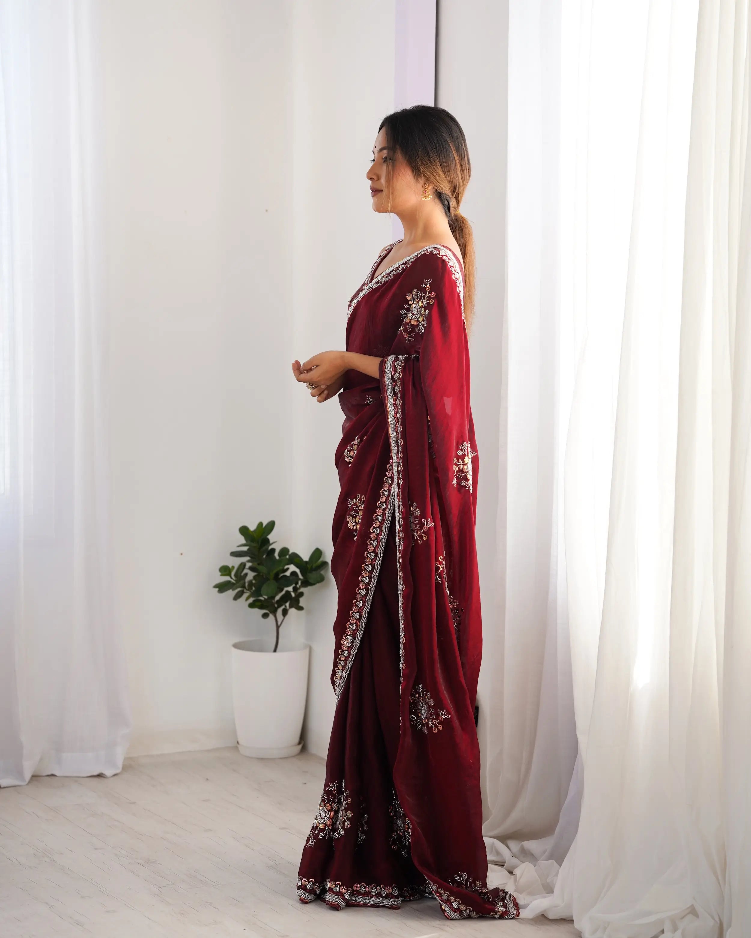 Maroon Fendi Silk Hand Work Saree - qivii