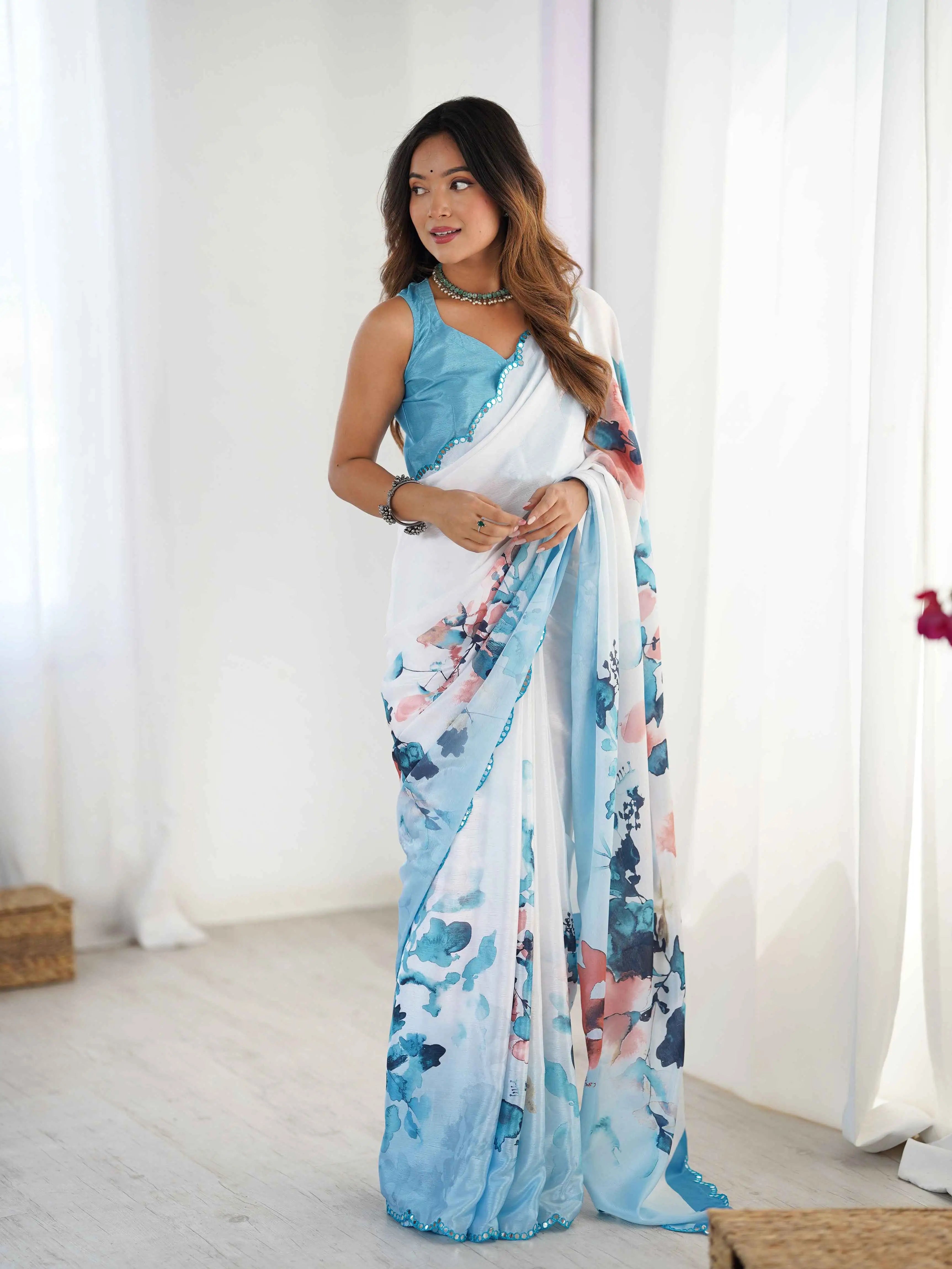 Cloudy Blue Digital Floral Print With Mirror Cut Work Saree - qivii