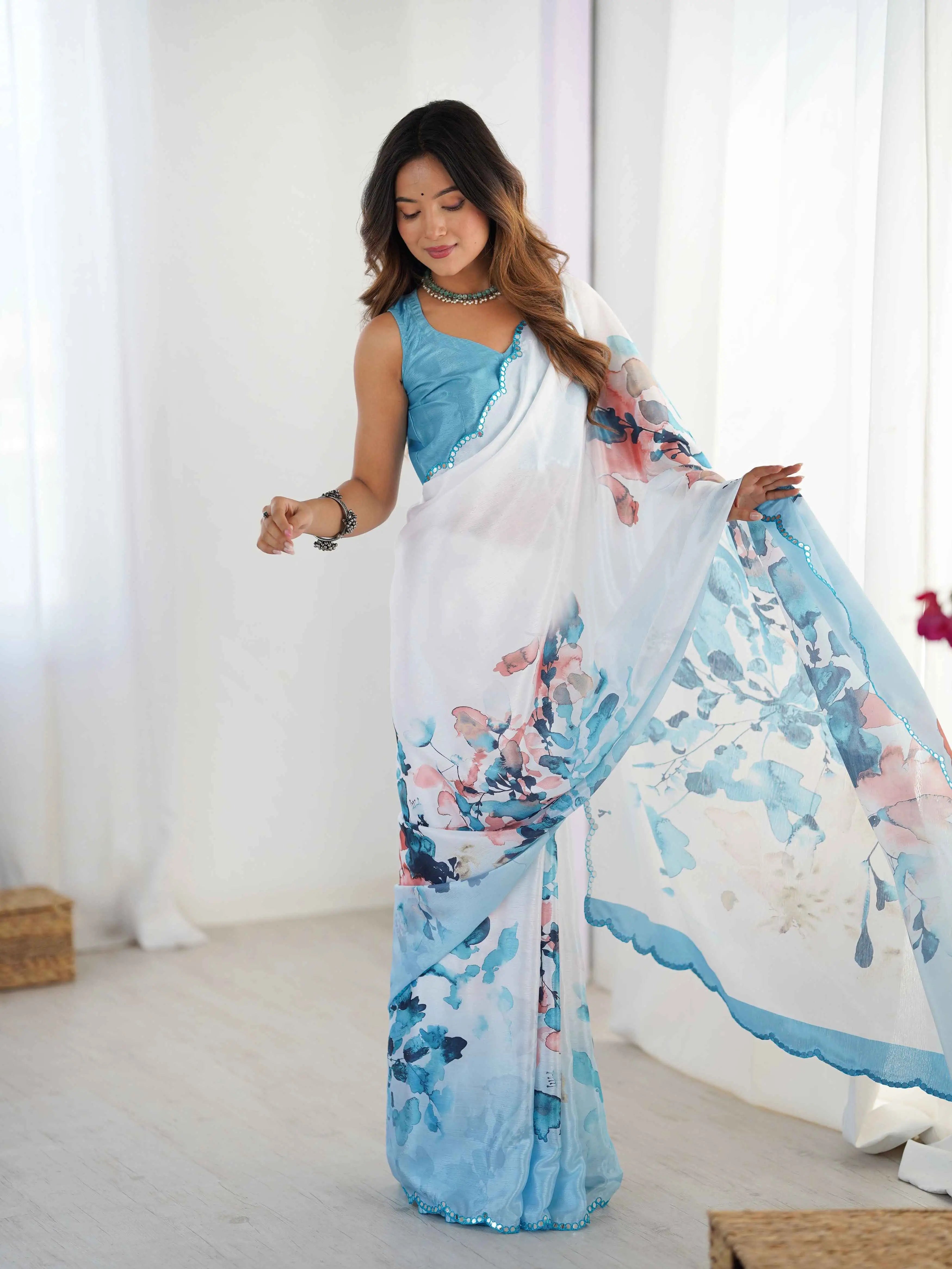 Cloudy Blue Digital Floral Print With Mirror Cut Work Saree - qivii