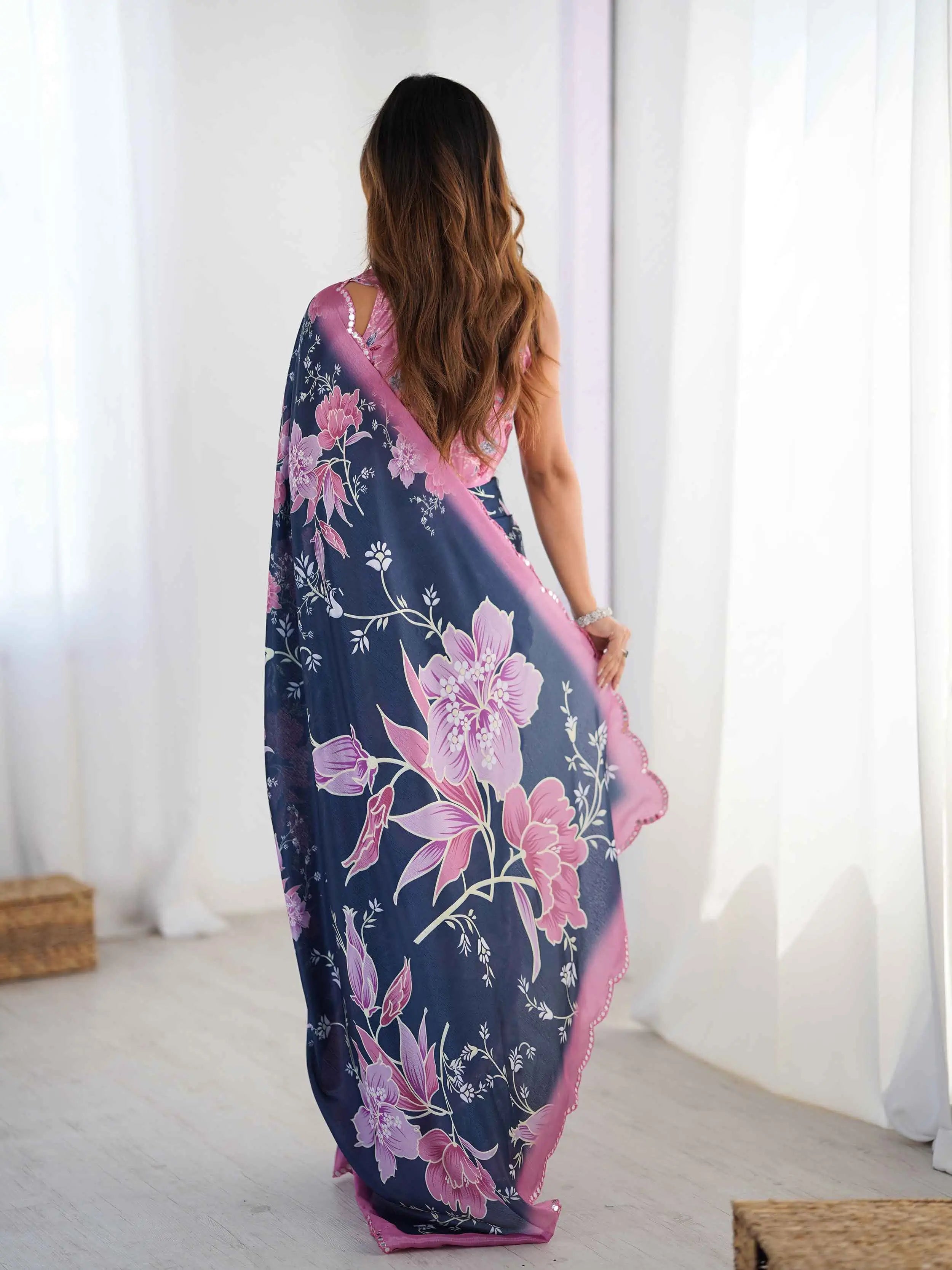 Navy Blue Digital Floral Print With Mirror Cut Work Saree
