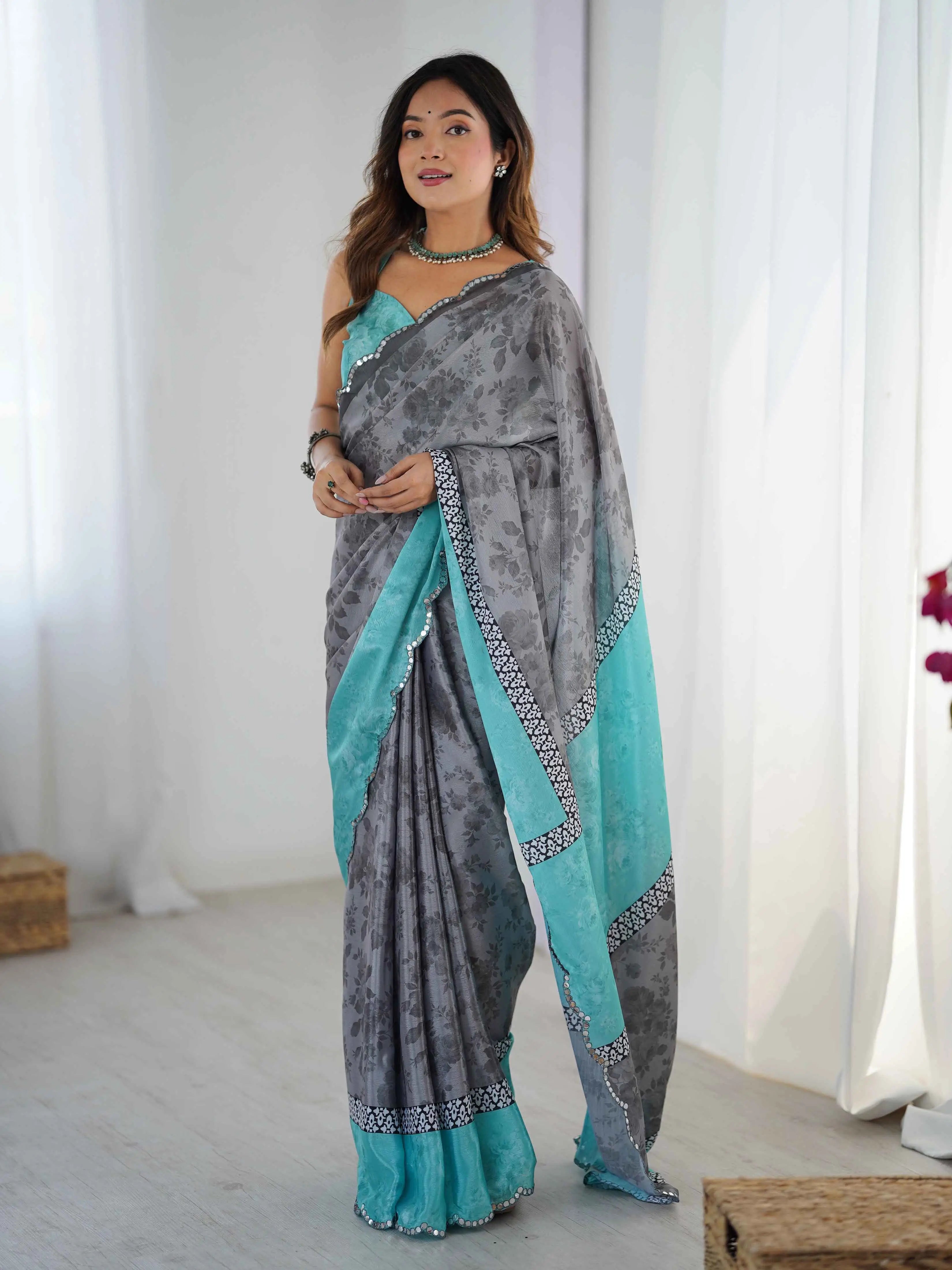 Oslo Grey Digital Floral Print With Mirror Cut Work Saree - qivii