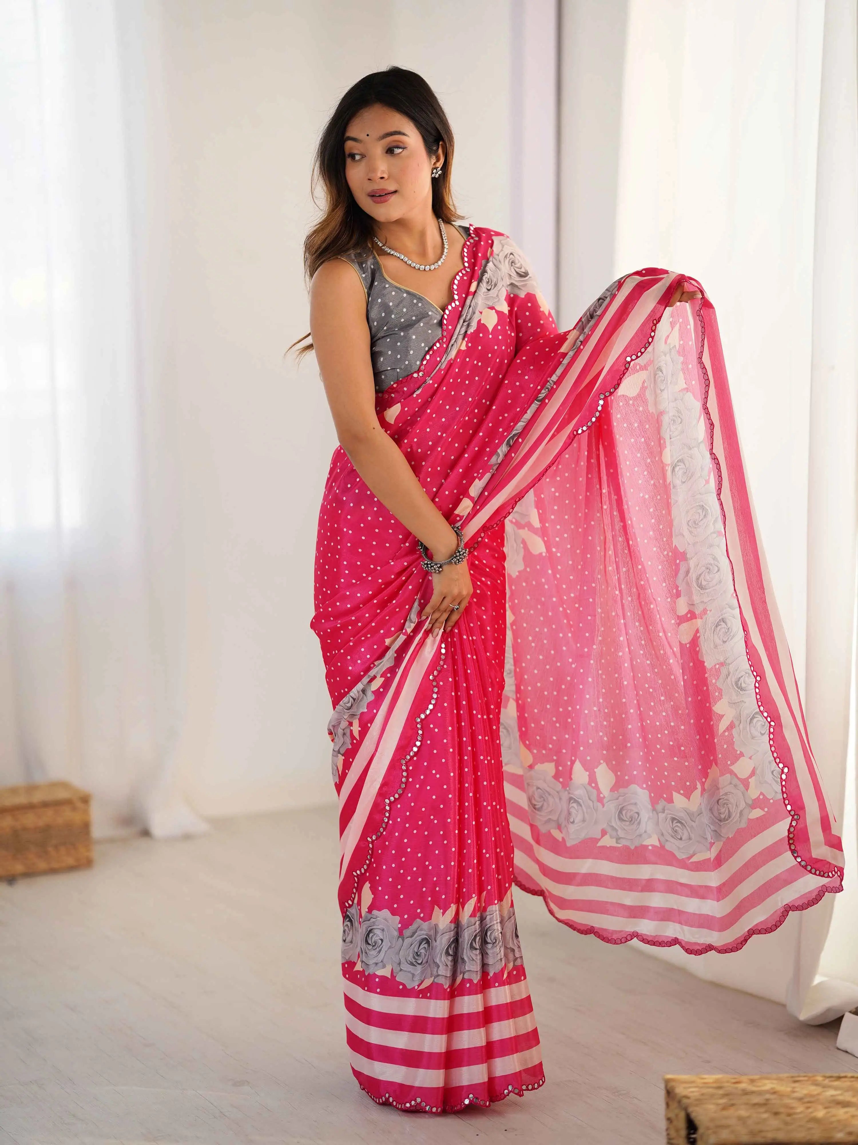 Cerise Pink Digital Floral Print With Mirror Cut Work Saree - qivii