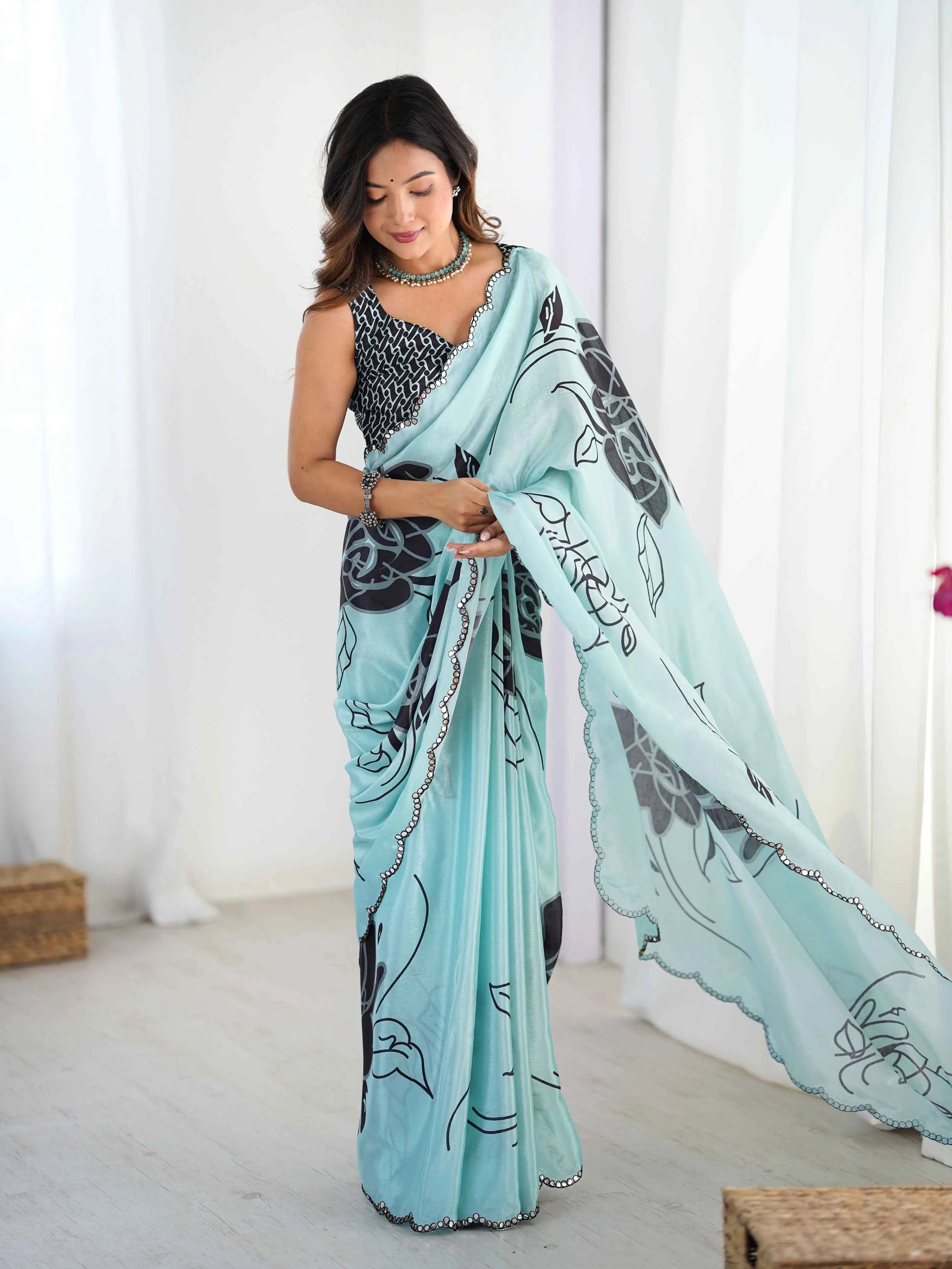 Sky Blue Digital Floral Print With Mirror Cut Work Saree - qivii