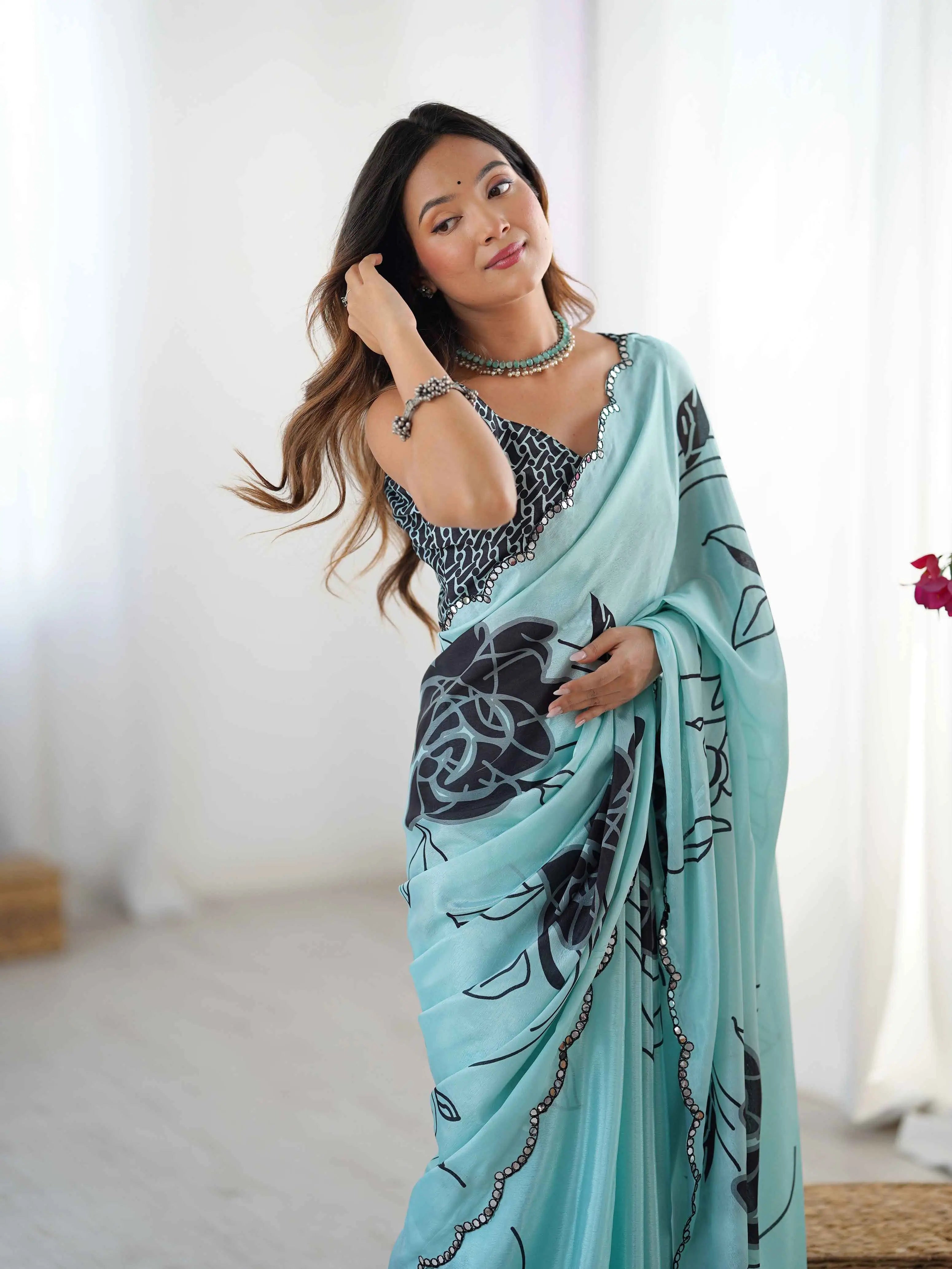 Sky Blue Digital Floral Print With Mirror Cut Work Saree - qivii