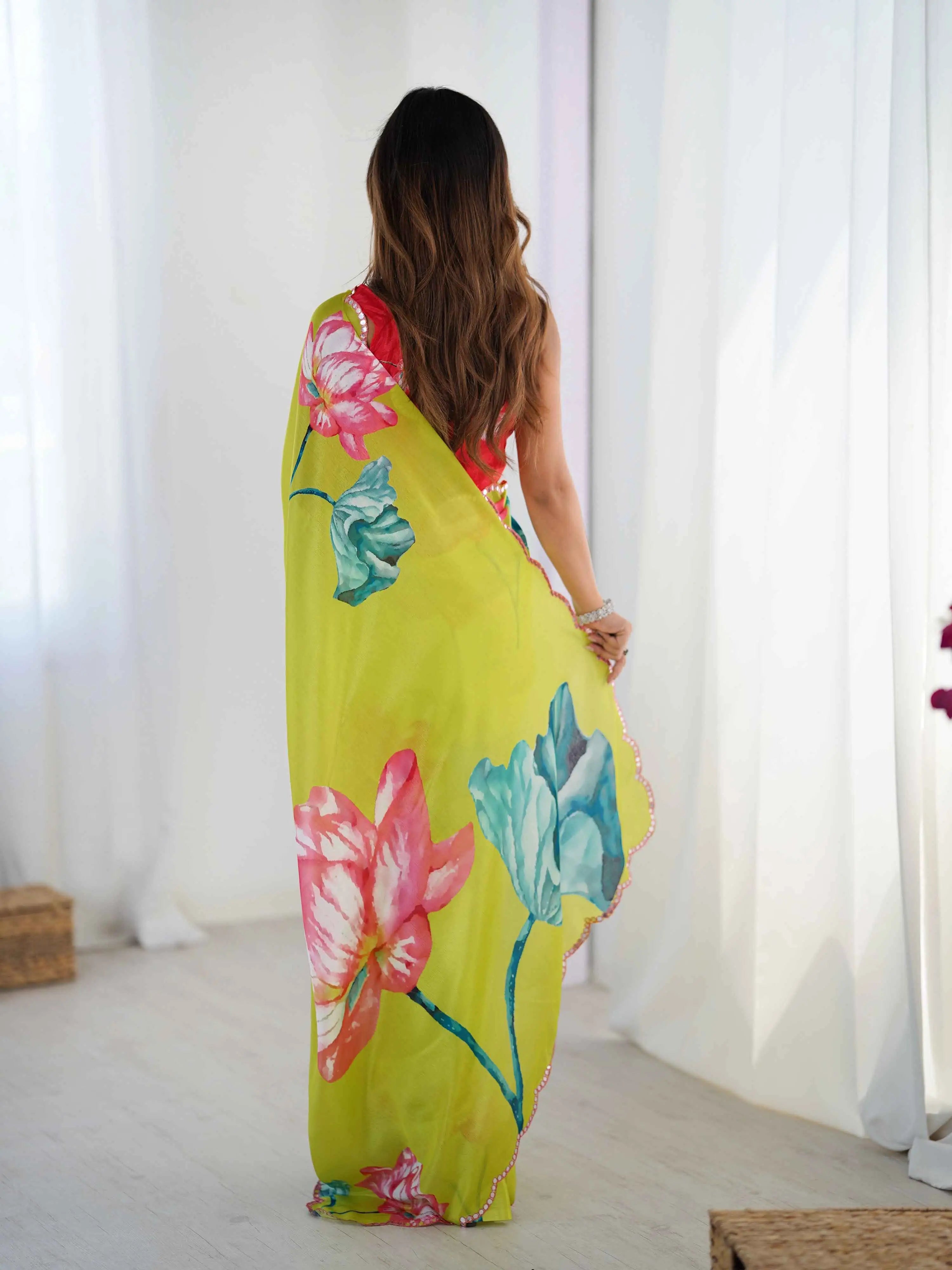 Neon Parrot Digital Floral Print With Mirror Cut Work Saree - qivii