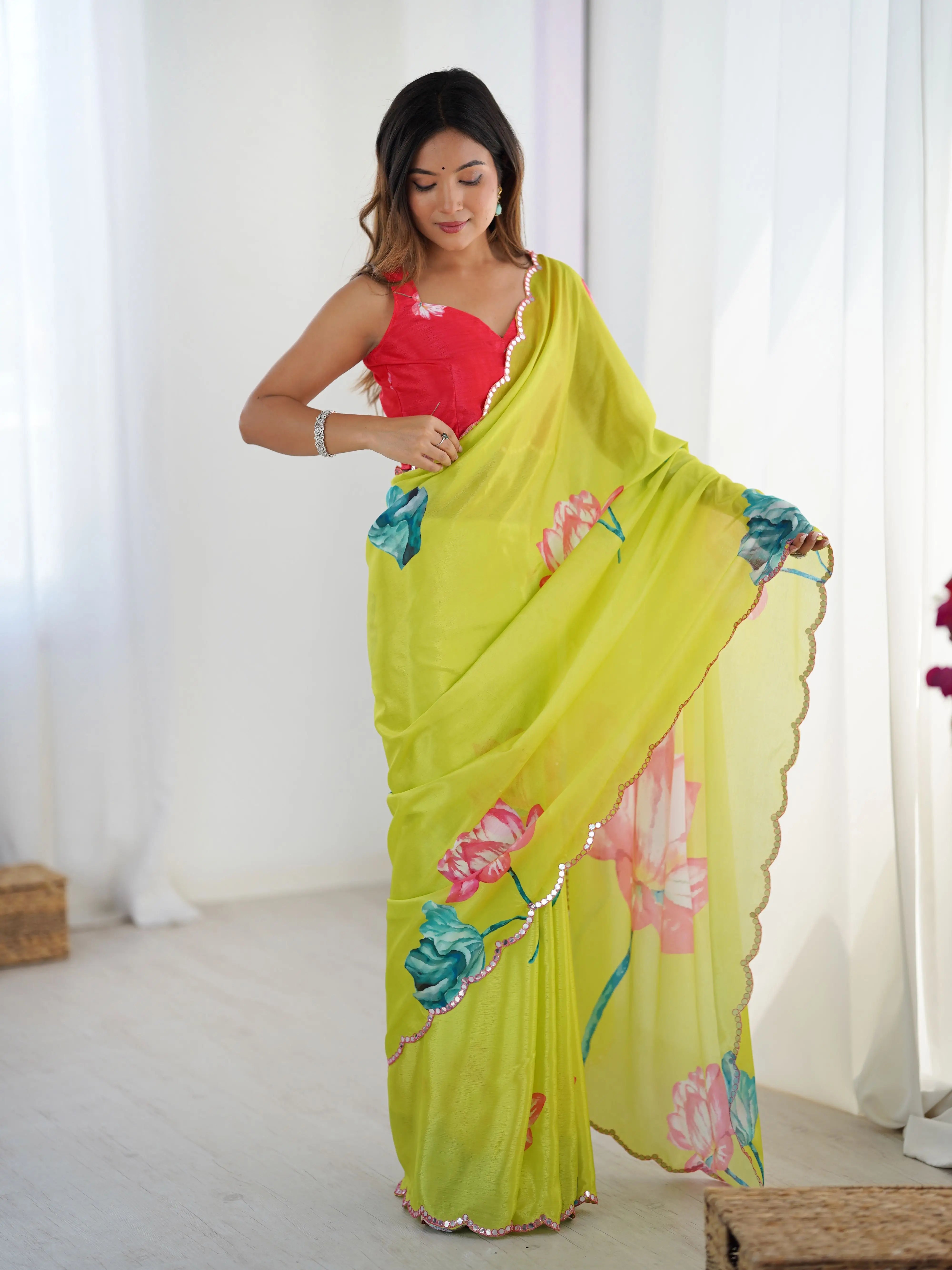 Neon Parrot Digital Floral Print With Mirror Cut Work Saree - qivii