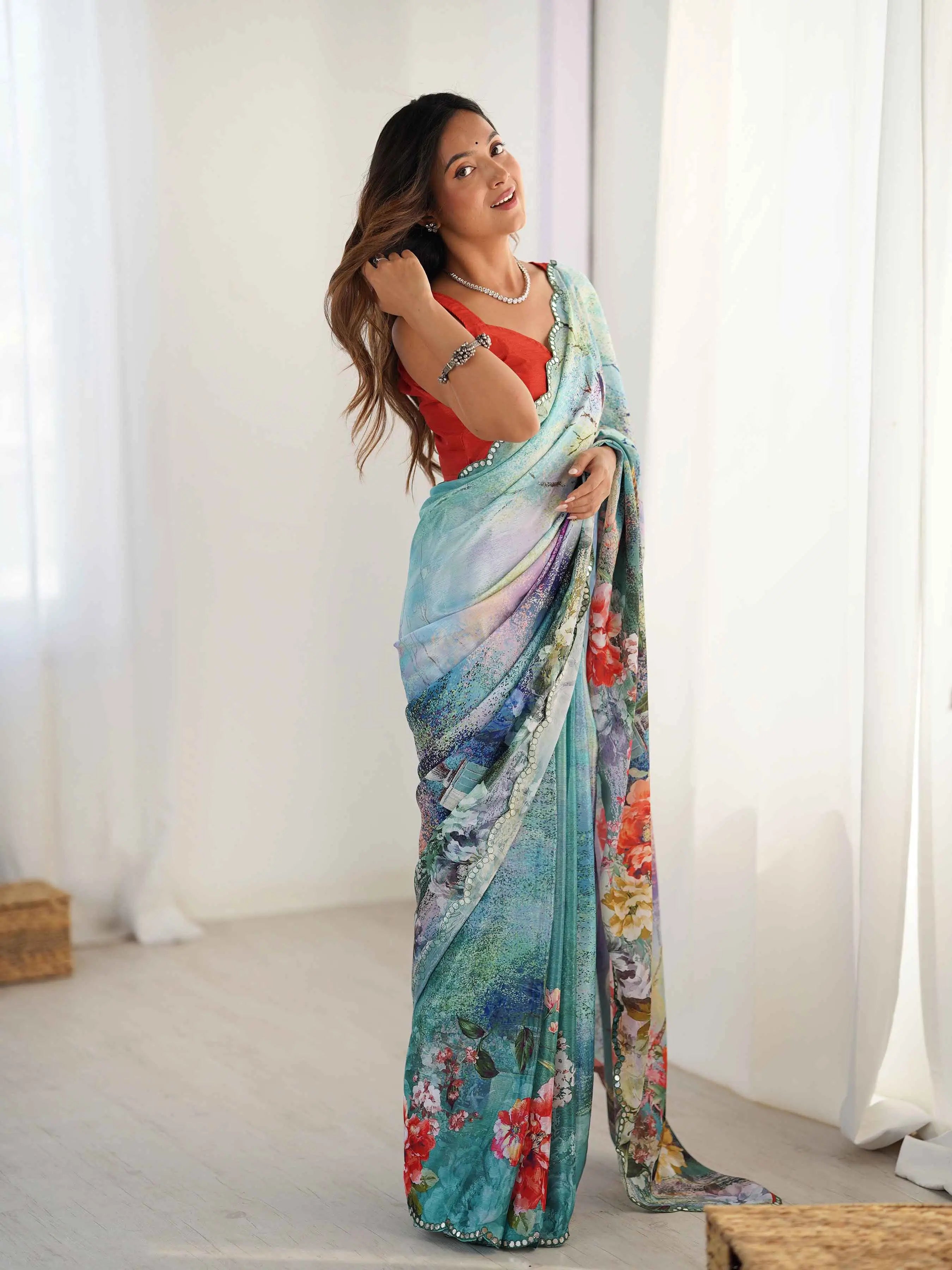 Greyish Teal Blue Digital Floral Print With Mirror Cut Work Saree - qivii