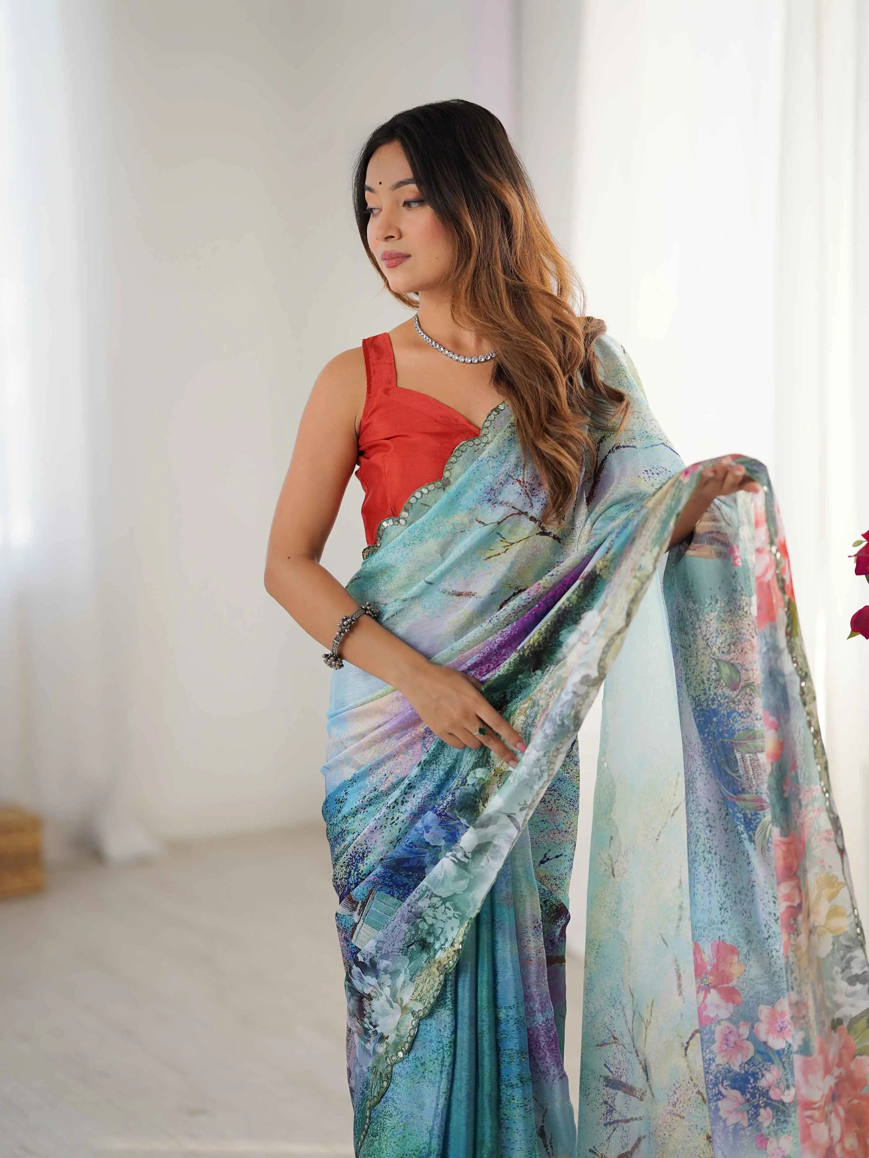 Greyish Teal Blue Digital Floral Print With Mirror Cut Work Saree - qivii