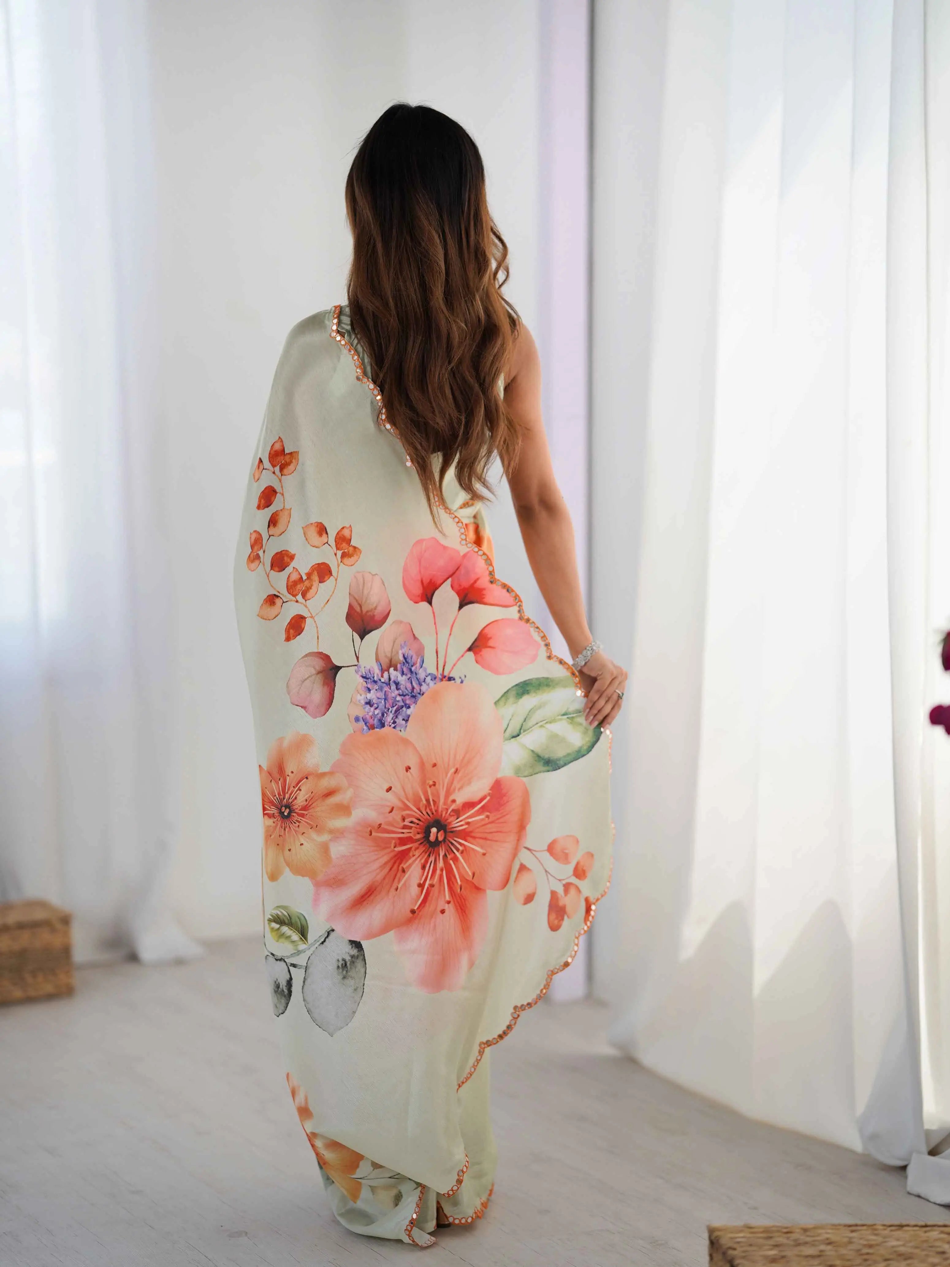 Dark Beige Digital Floral Print With Mirror Cut Work Saree - qivii