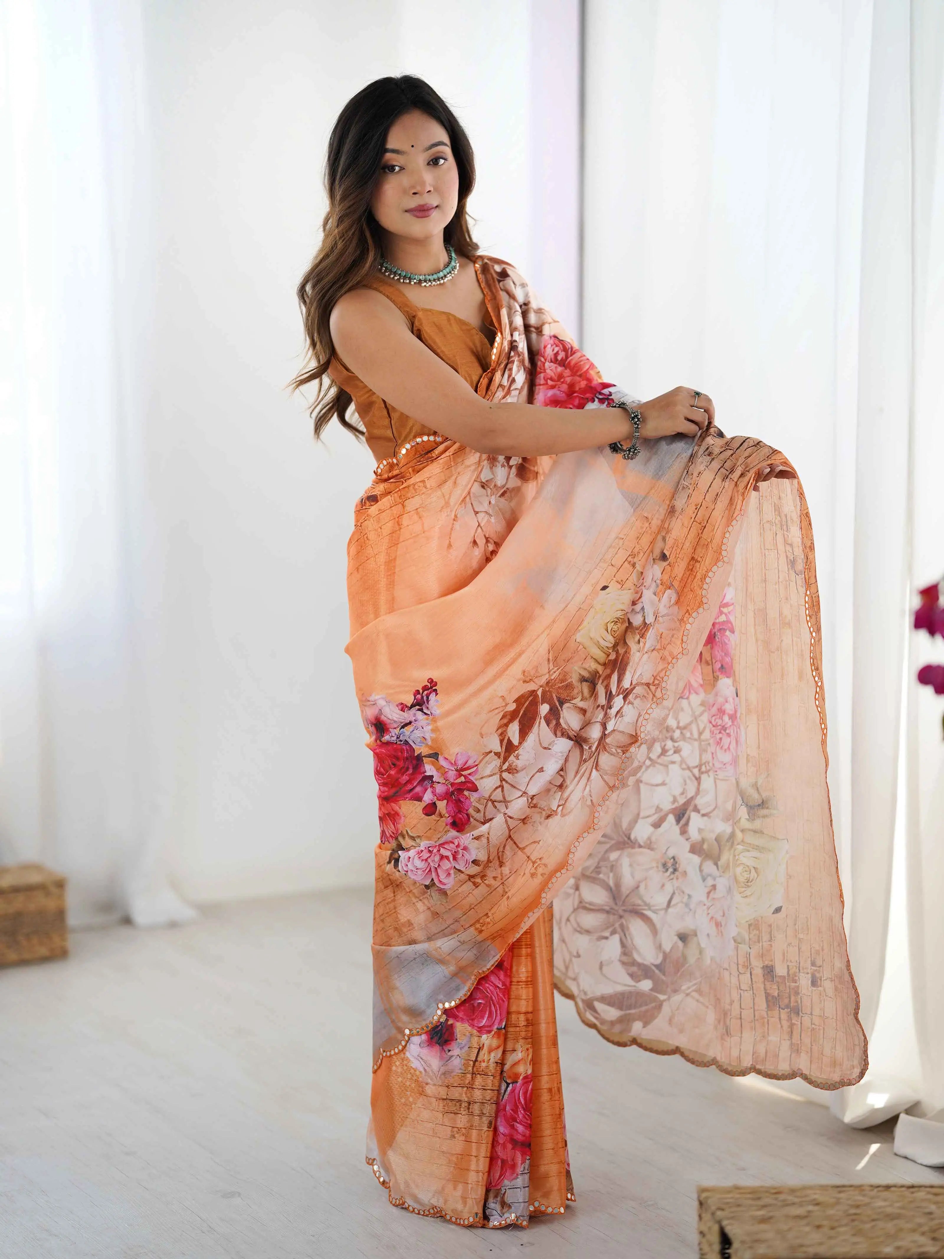 Peach Brown Digital Floral Print With Mirror Cut Work Saree - qivii