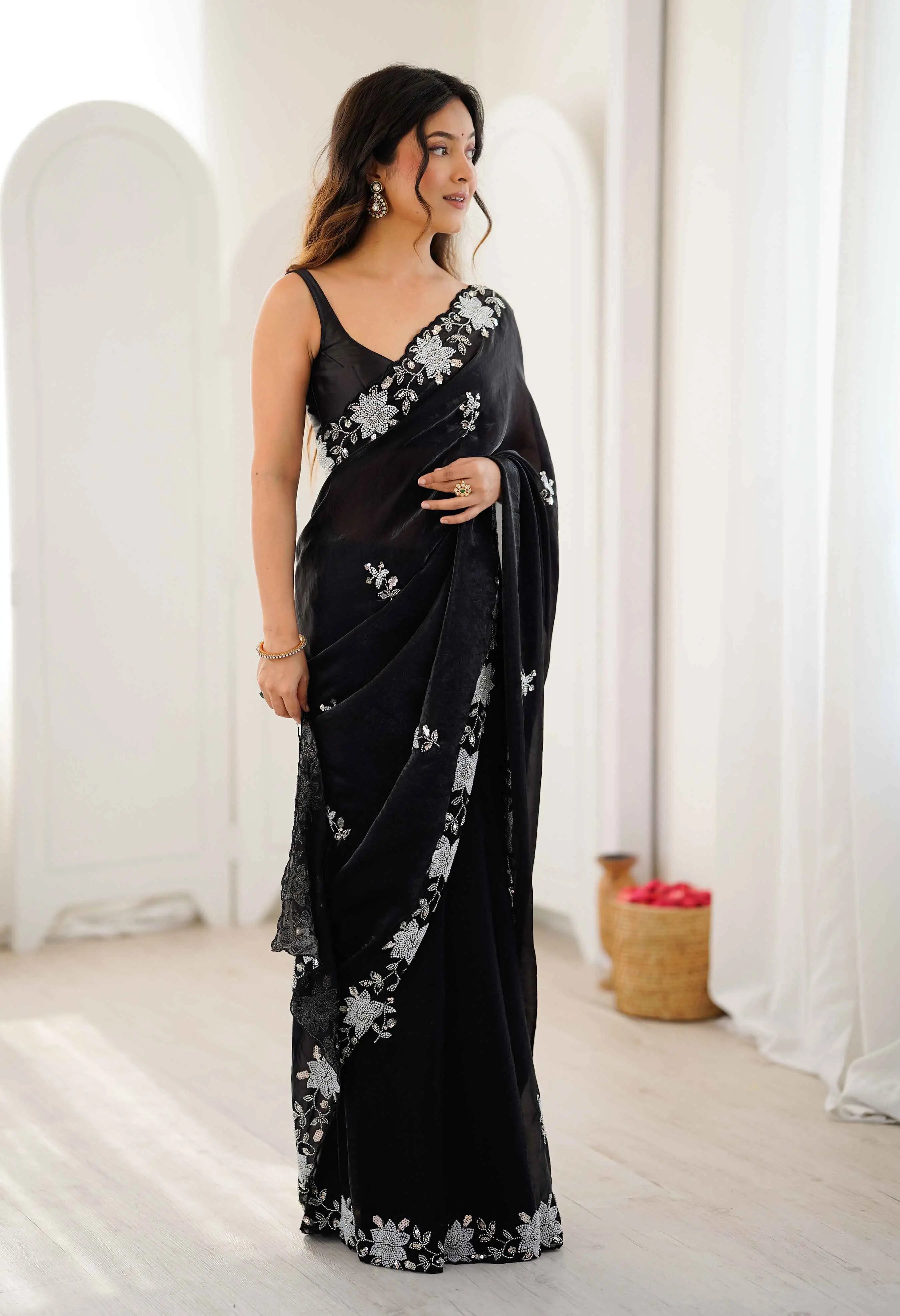 Shiny Black Hand Work Party Wear Saree