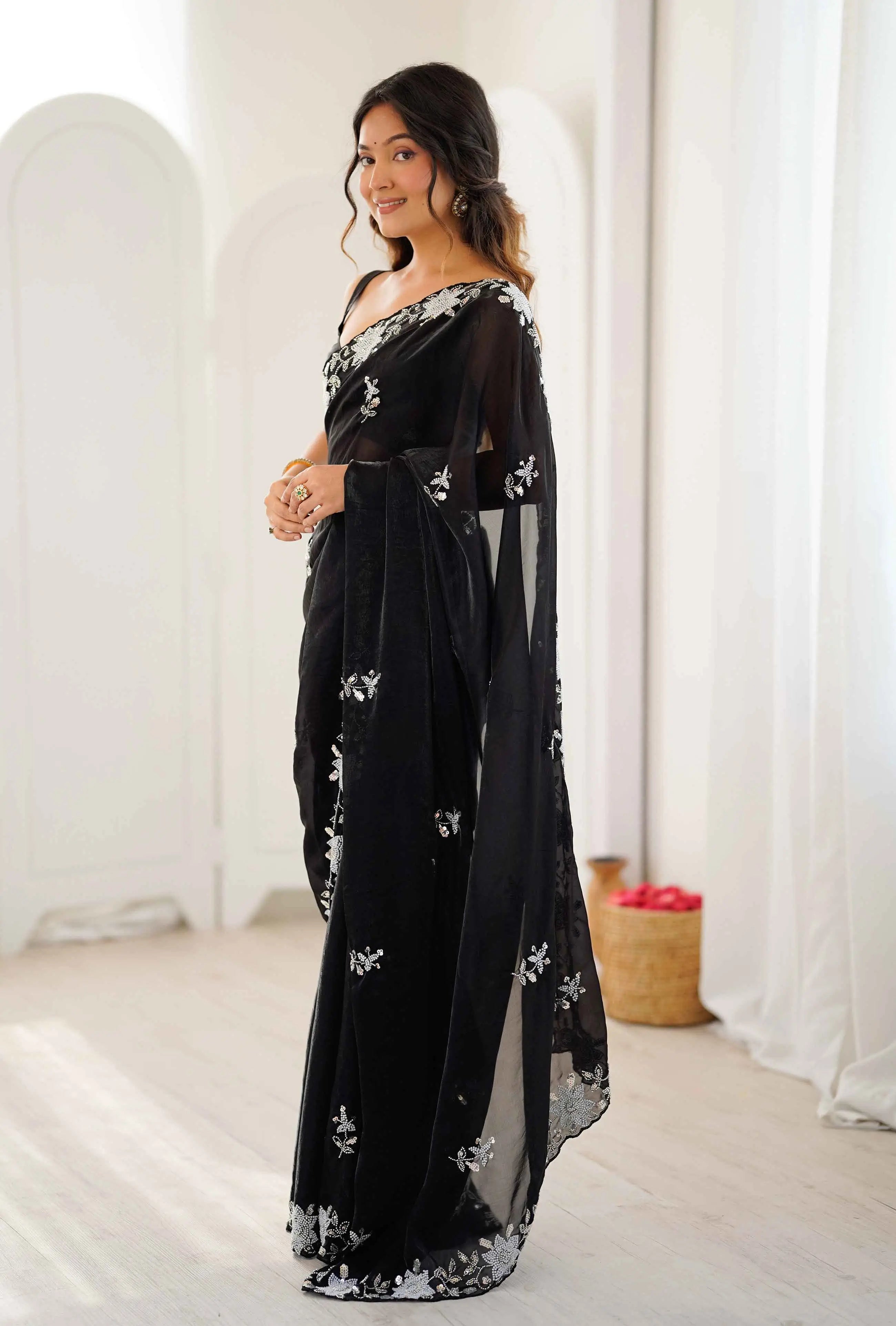 Shiny Black Hand Work Party Wear Saree