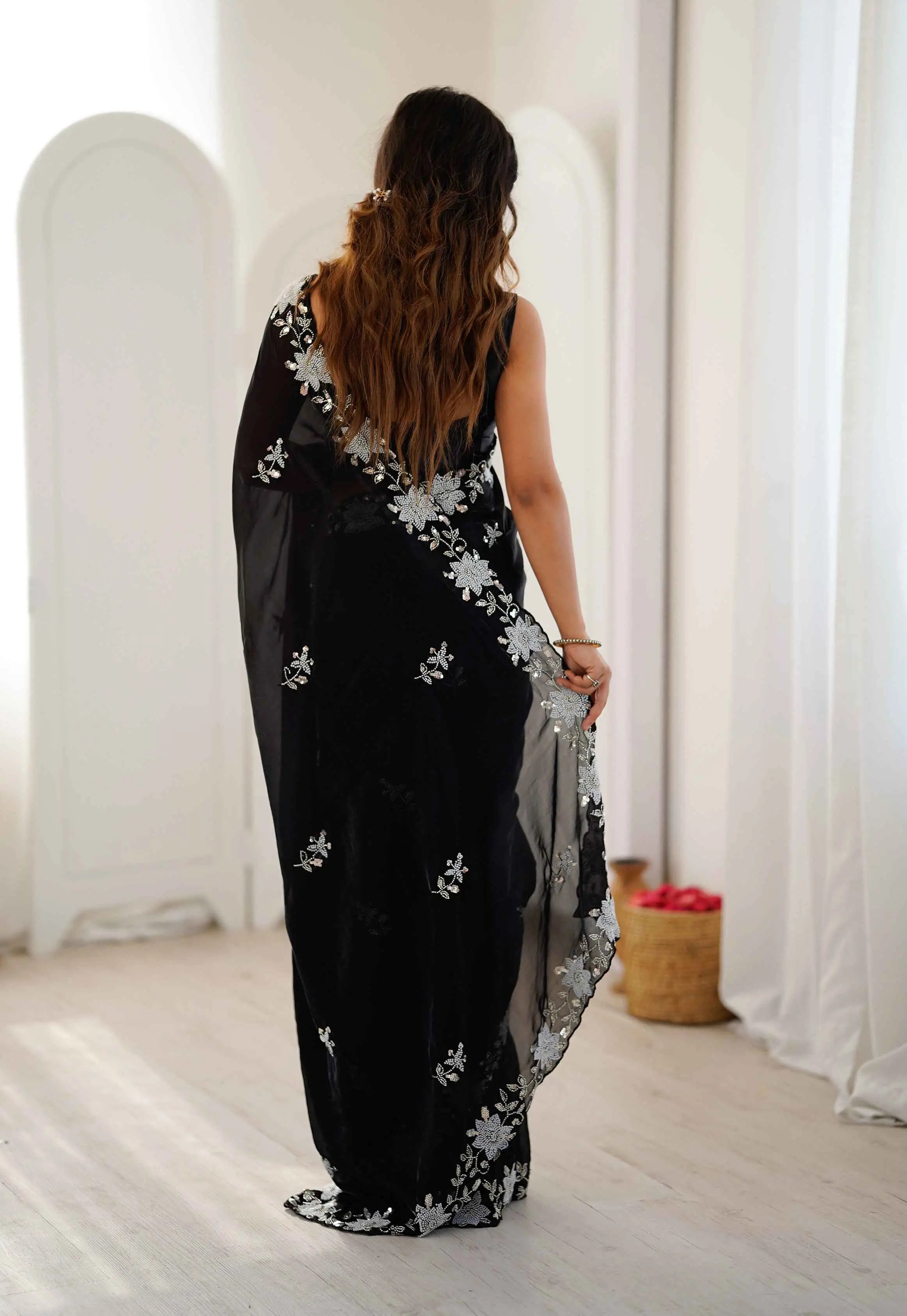 Shiny Black Hand Work Party Wear Saree