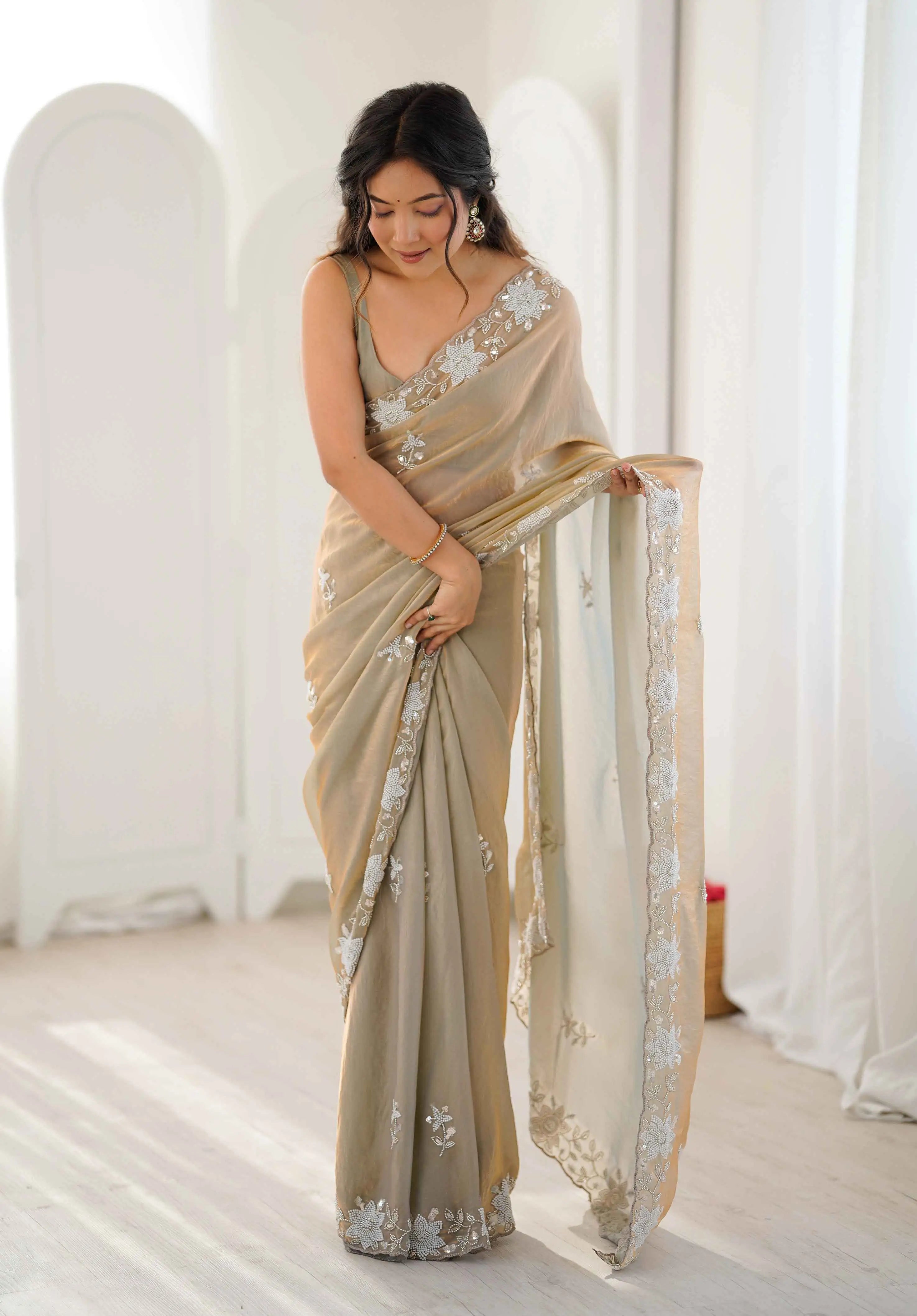 Shiny Beige Hand Work Party Wear Saree