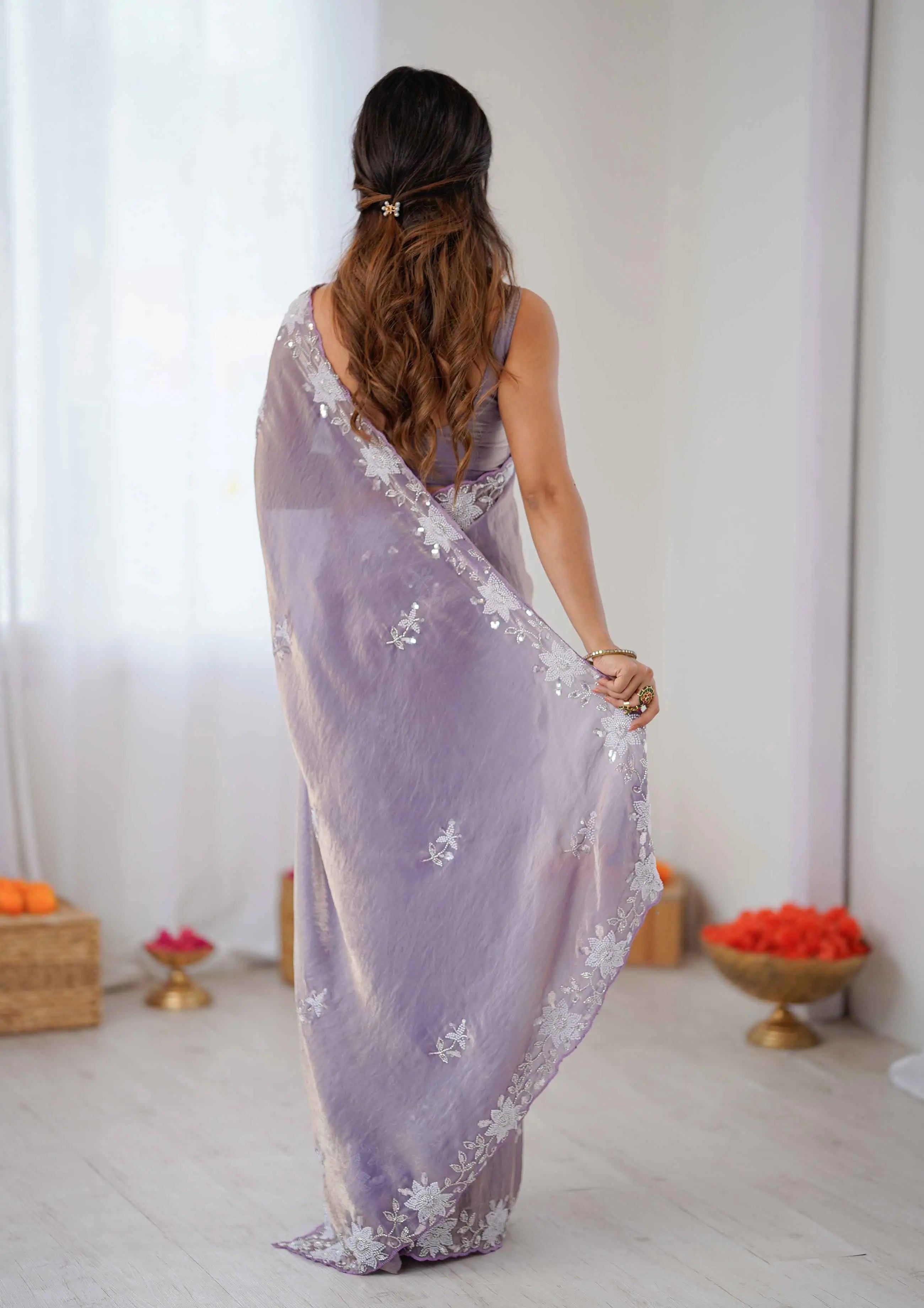 Shiny Lavender Hand Work Party Wear Saree