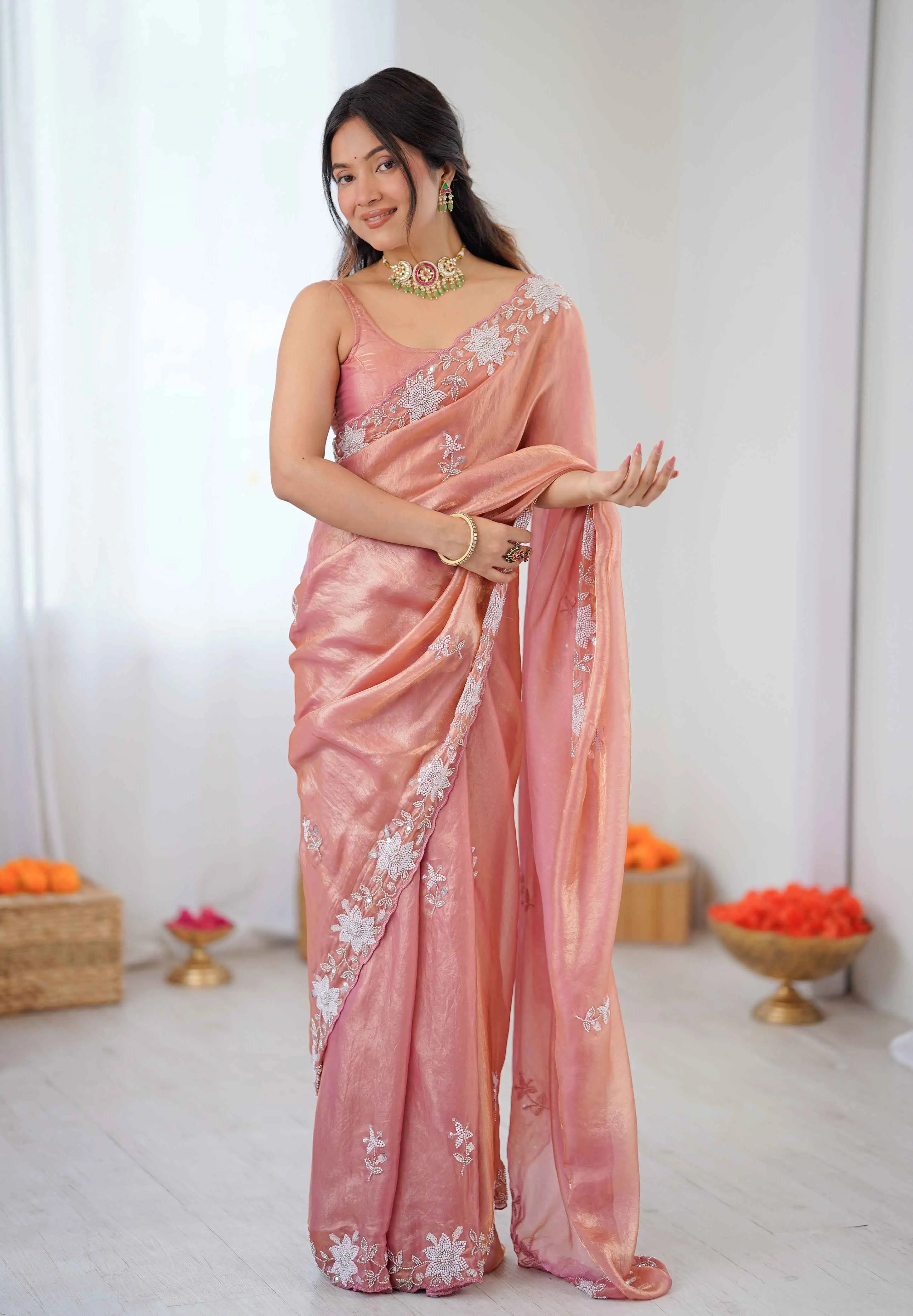 Shiny Peach Hand Work Party Wear Saree
