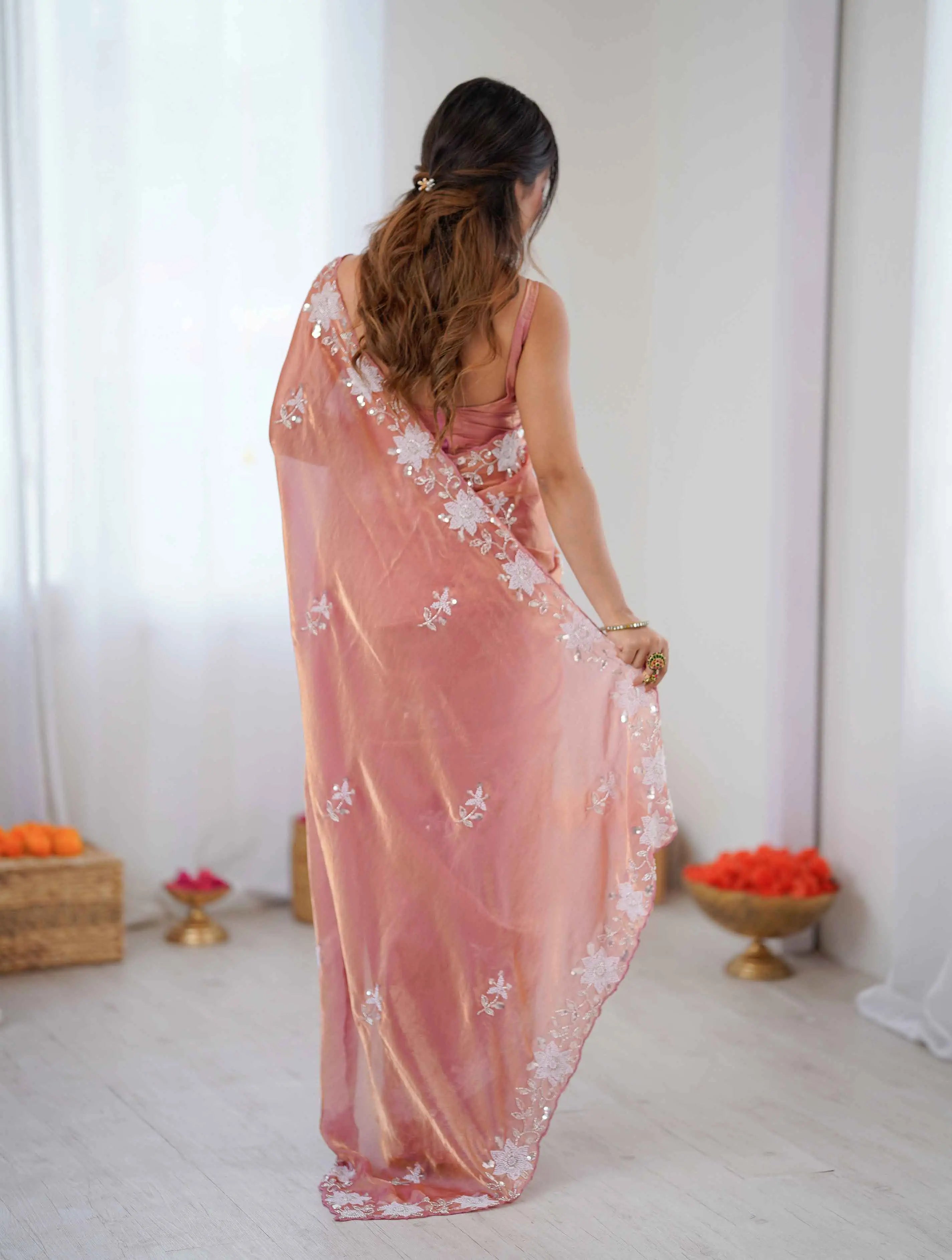 Shiny Peach Hand Work Party Wear Saree