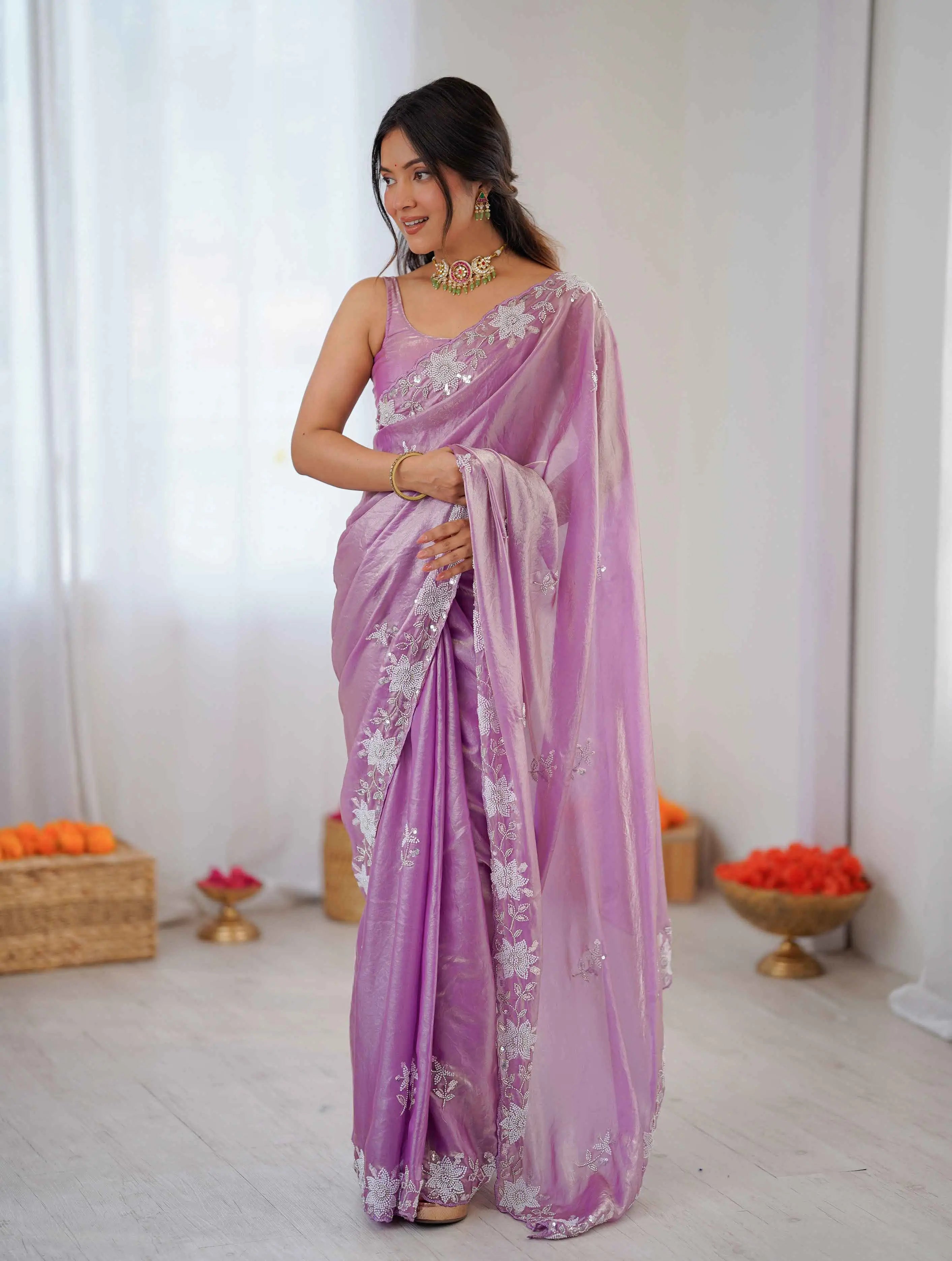 Shiny Purple Hand Work Party Wear Saree
