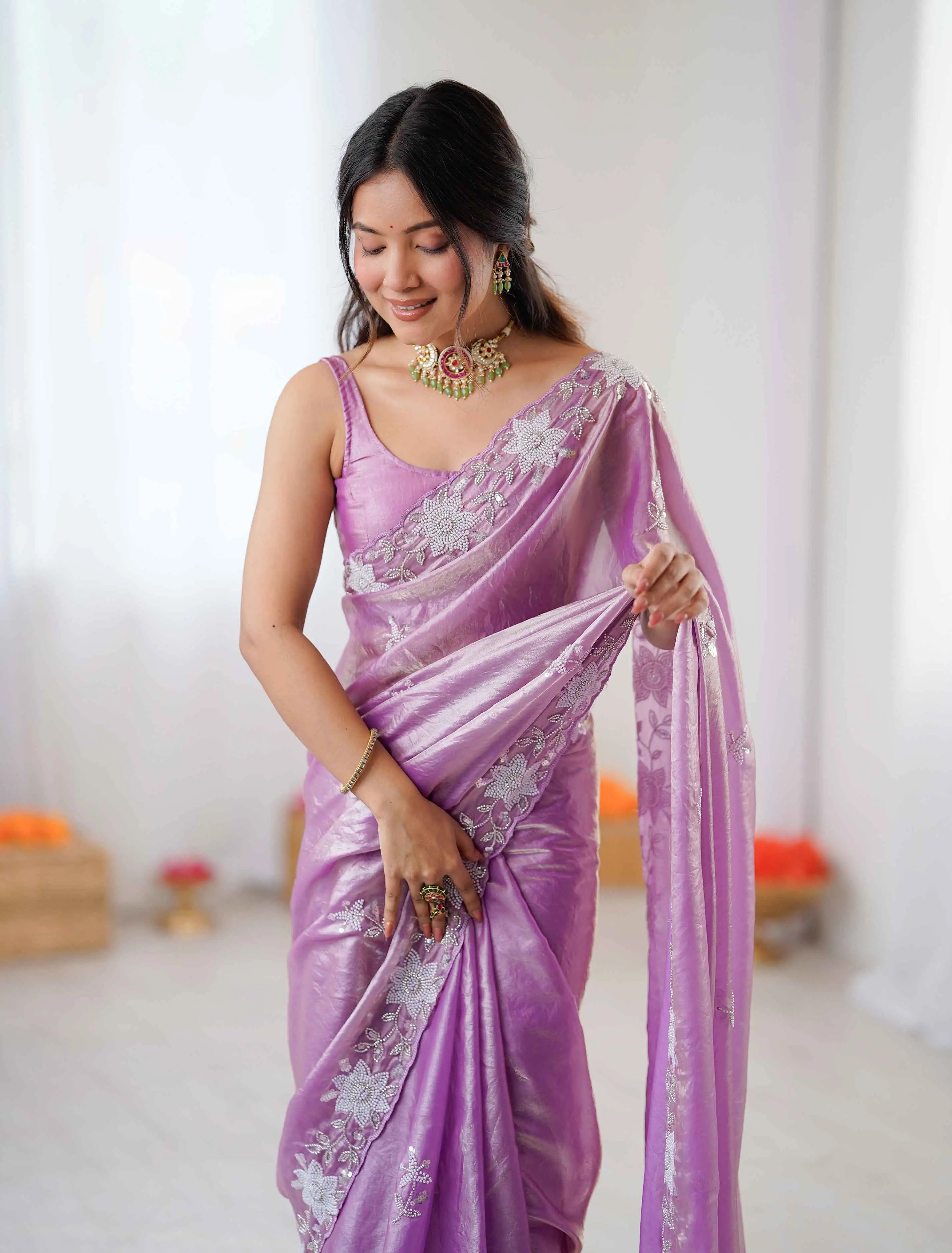 Shiny Purple Hand Work Party Wear Saree
