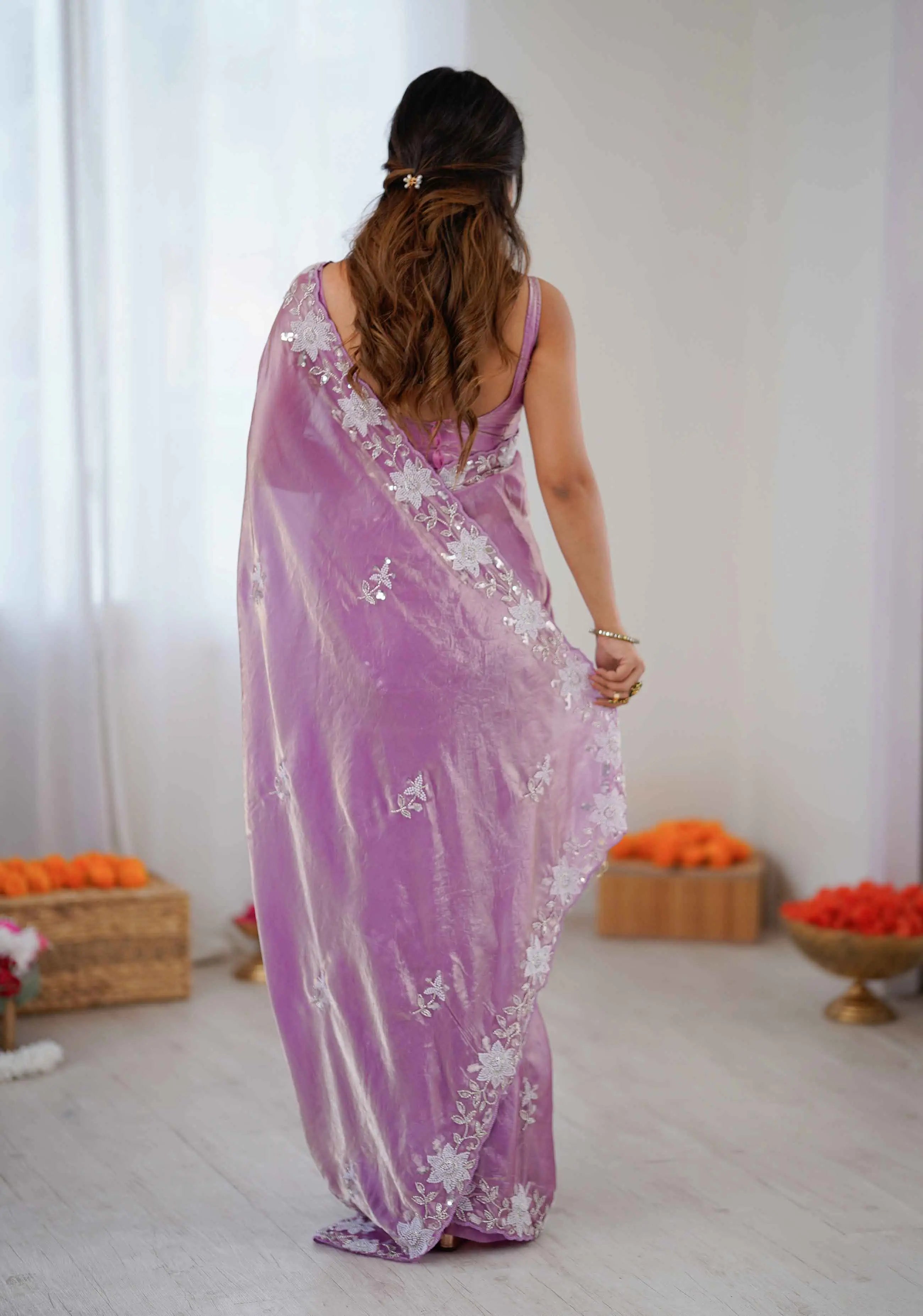 Shiny Purple Hand Work Party Wear Saree