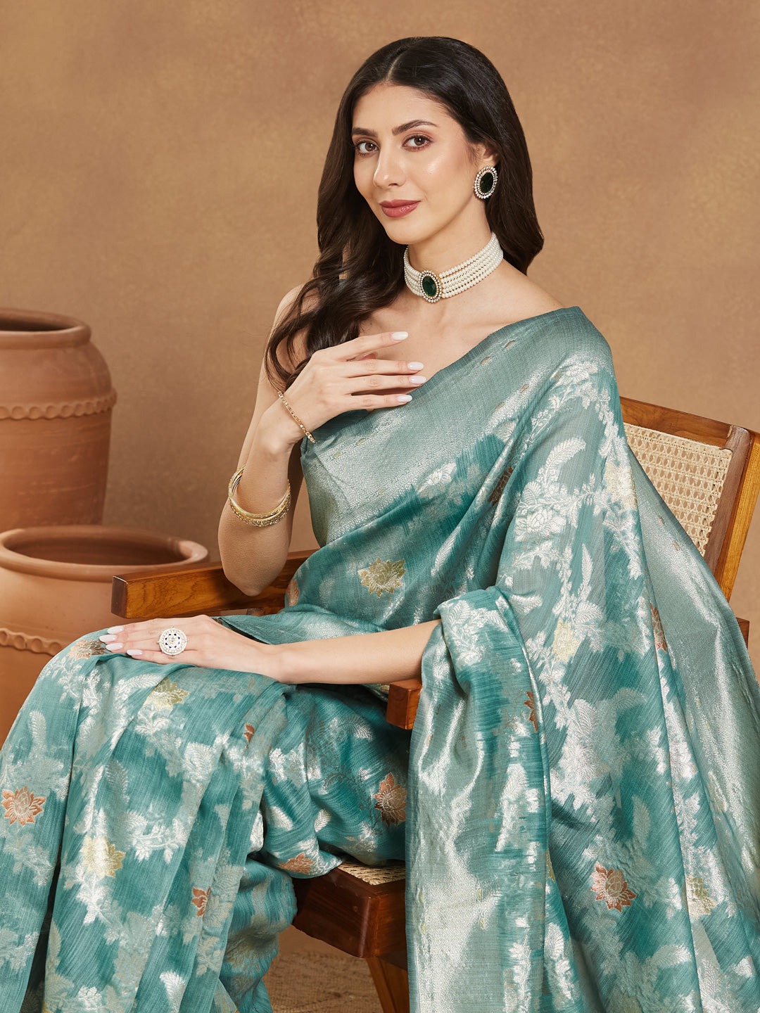 Janasya Women's Sea Green Linen Blend Floral Woven Design Jacquard Saree with Blouse Piece - qivii