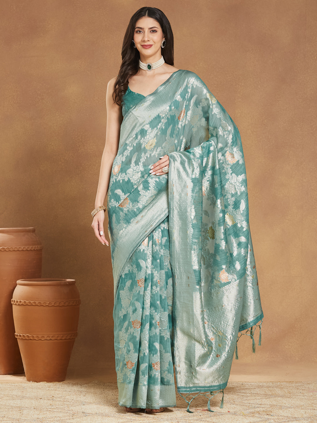 Janasya Women's Sea Green Linen Blend Floral Woven Design Jacquard Saree with Blouse Piece - qivii