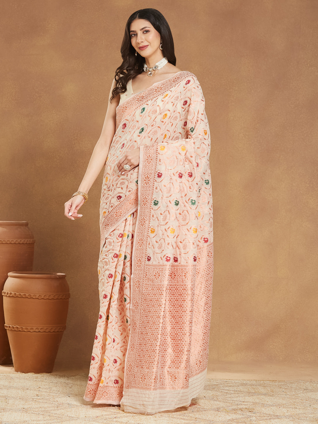 Janasya Women's Light Peach Linen Blend Patola Woven Design Jacquard Saree with Blouse Piece - qivii