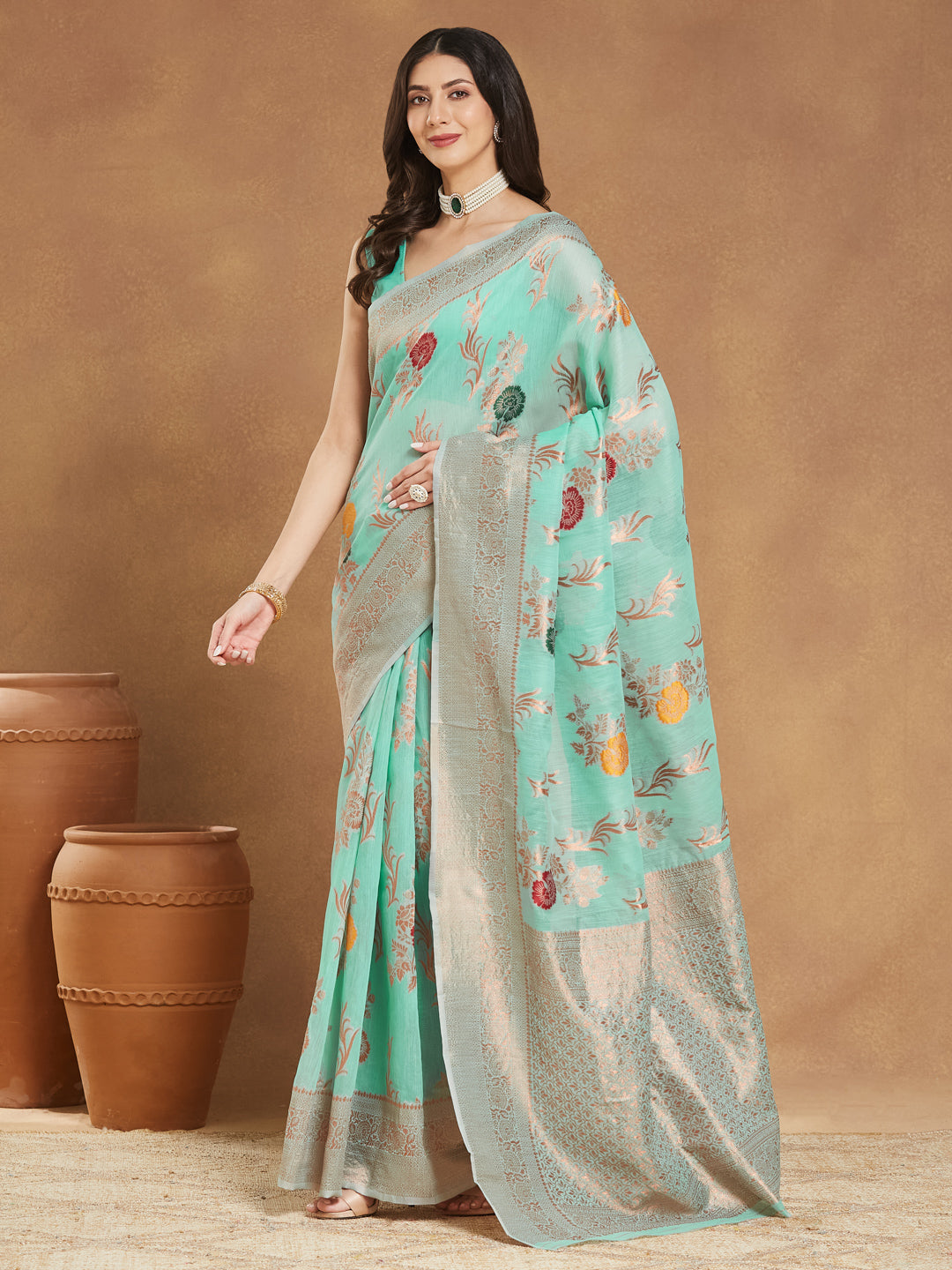 Janasya Women's Sea Blue Linen Blend Floral Woven Design Jacquard Saree with Blouse Piece - qivii