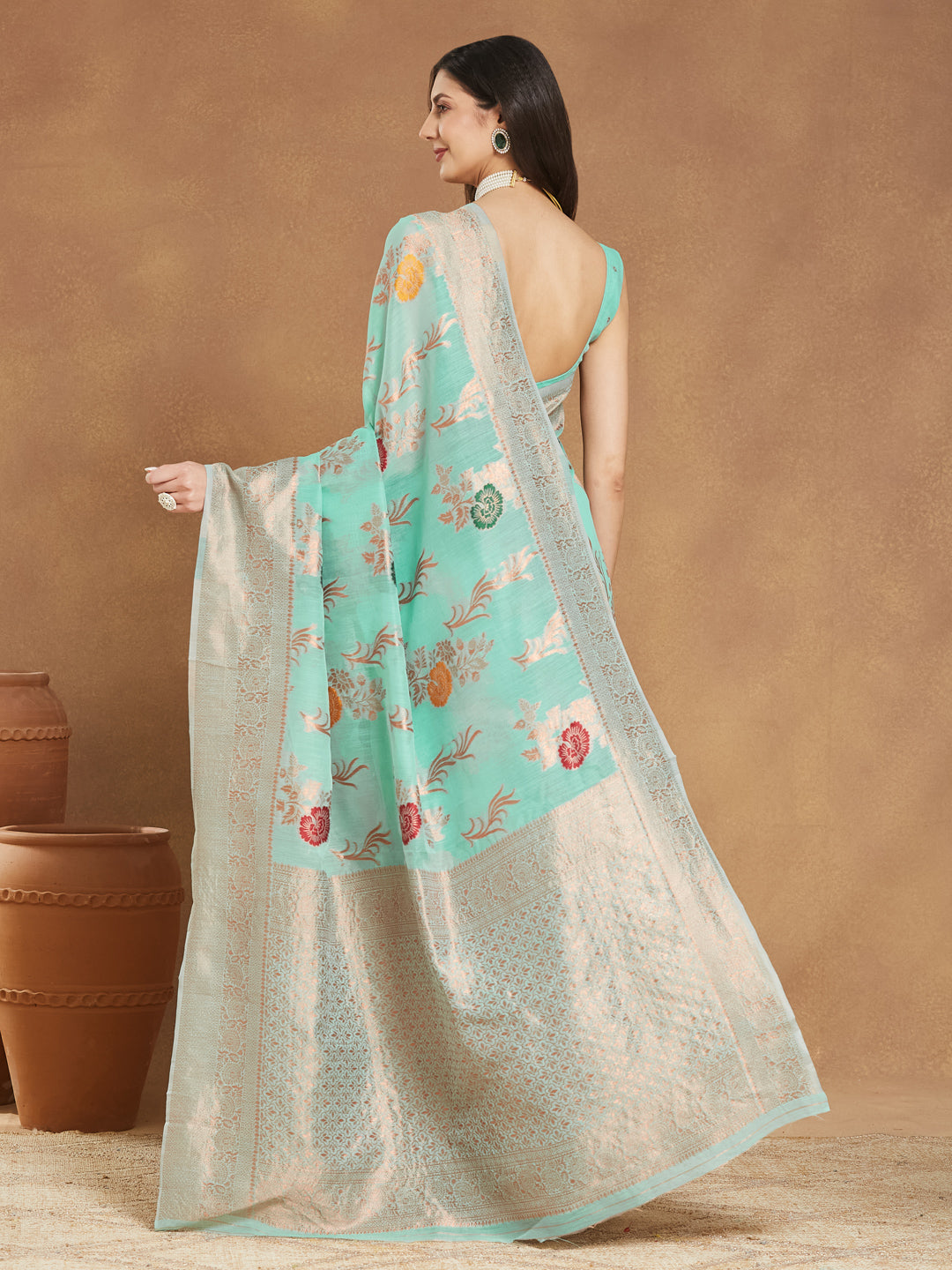 Janasya Women's Sea Blue Linen Blend Floral Woven Design Jacquard Saree with Blouse Piece - qivii