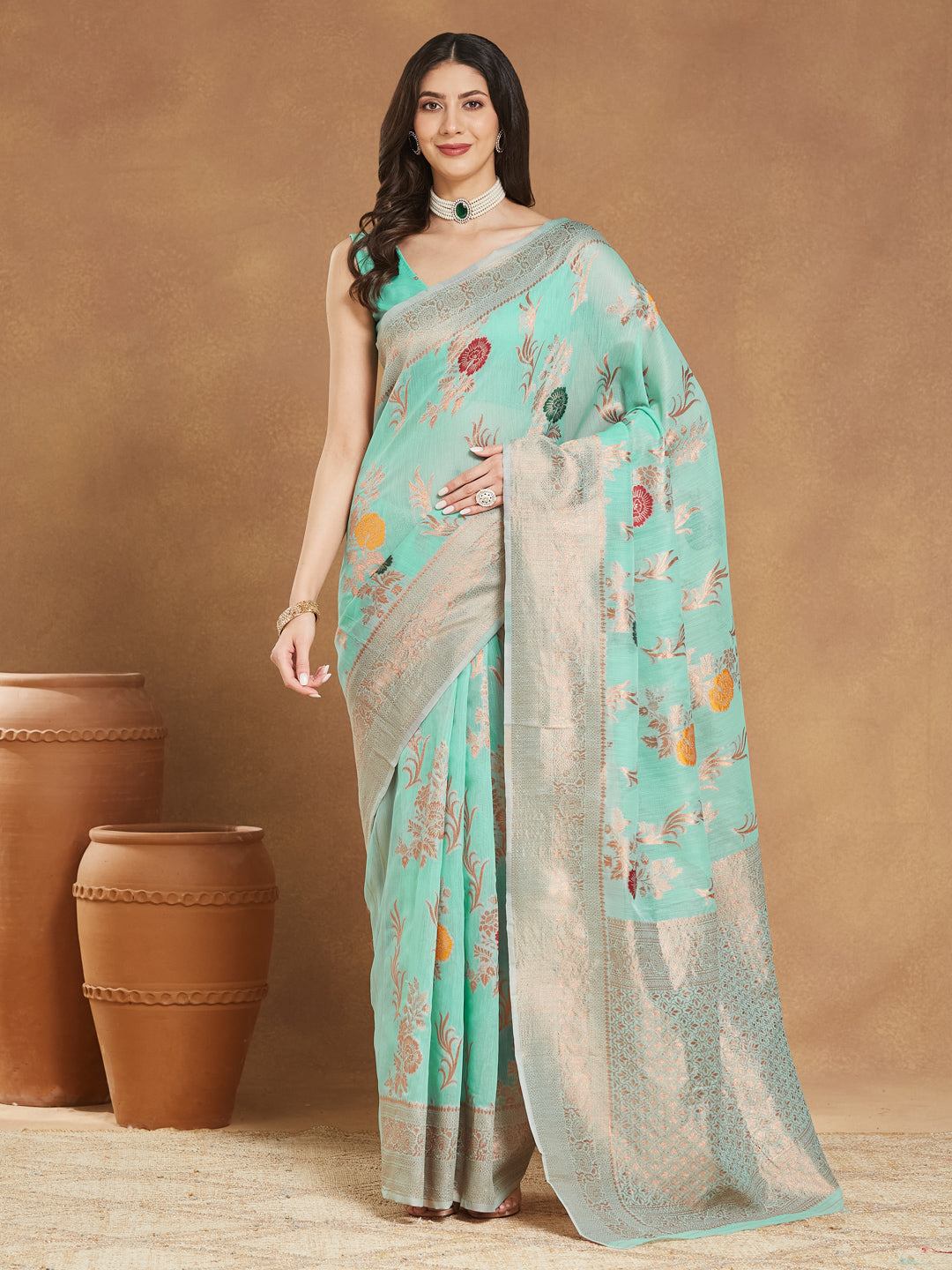 Janasya Women's Sea Blue Linen Blend Floral Woven Design Jacquard Saree with Blouse Piece - qivii
