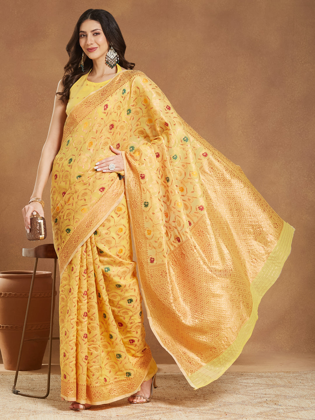 Janasya Women's Yellow Linen Blend Patola Woven Design Jacquard Saree with Blouse Piece - qivii