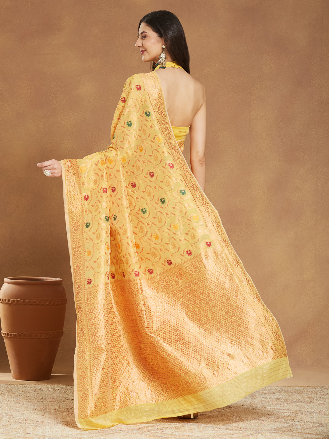 Janasya Women's Yellow Linen Blend Patola Woven Design Jacquard Saree with Blouse Piece - qivii