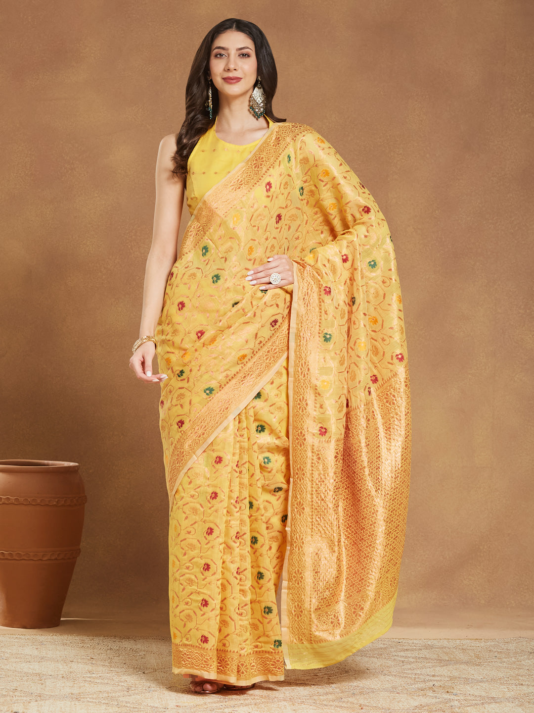 Janasya Women's Yellow Linen Blend Patola Woven Design Jacquard Saree with Blouse Piece - qivii
