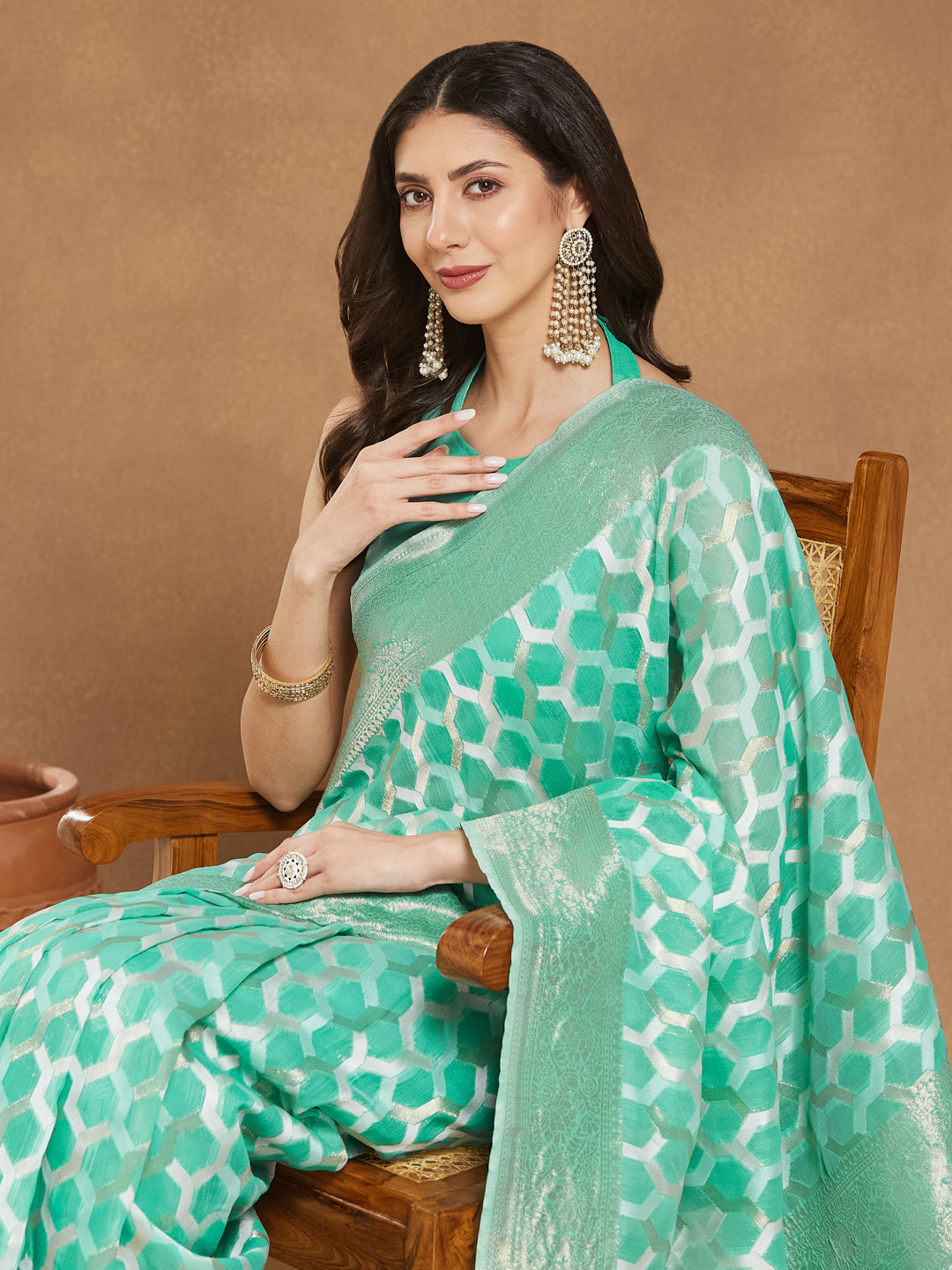 Janasya Women's Sea Green Linen Blend Geometric Woven Design Jacquard Saree with Blouse Piece - qivii
