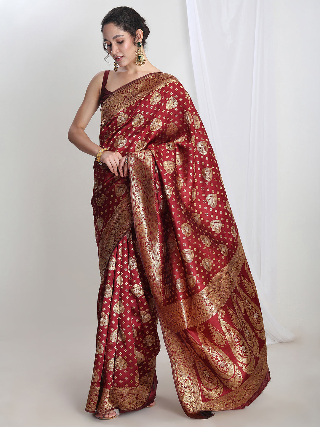 Janasya Women's Maroon Silk Blend Ethnic Motifs Woven Design Jacquard Saree with Blouse Piece - qivii