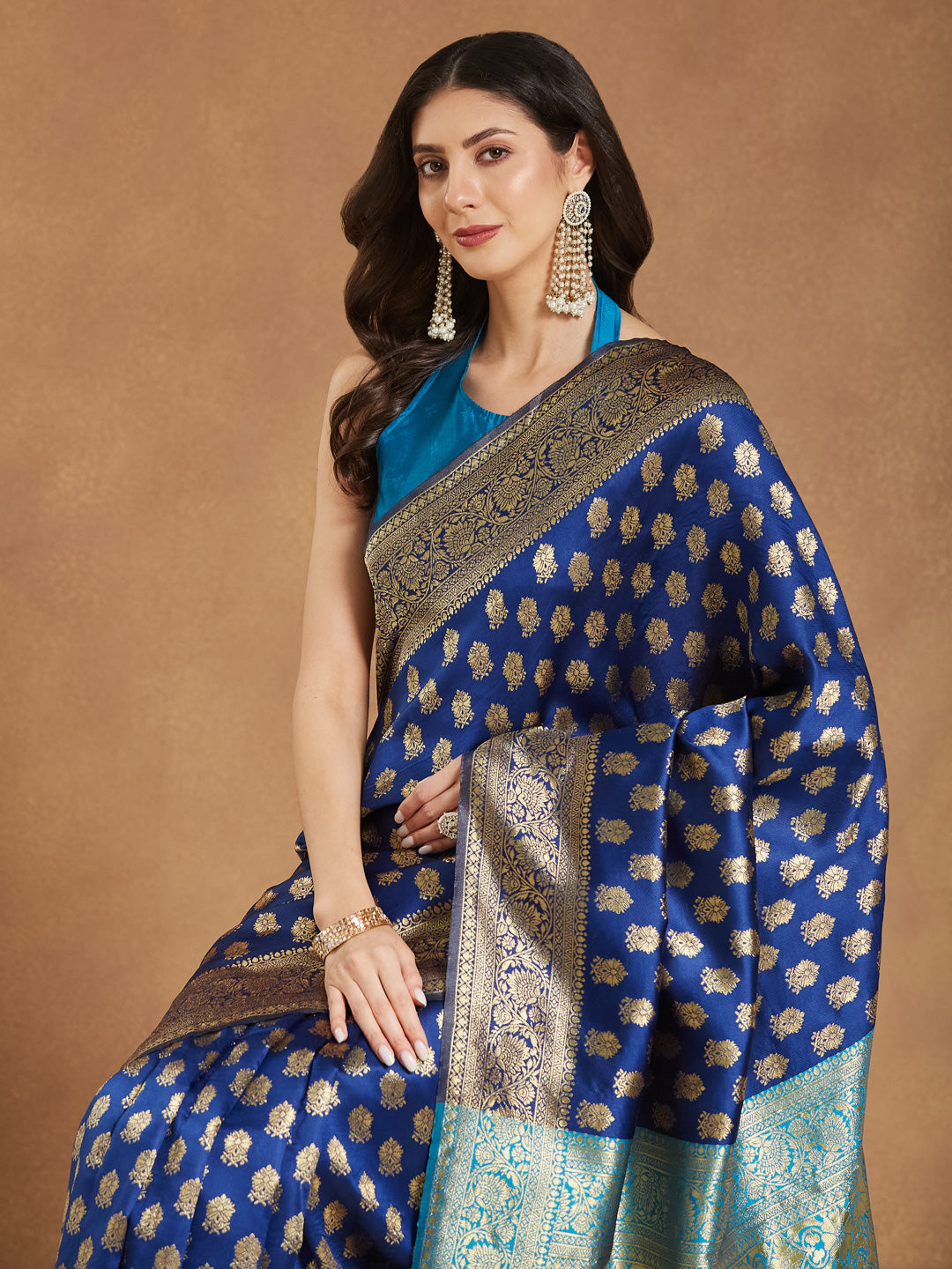 Janasya Women's Blue Silk Blend Ethnic Motifs Woven Design Banarasi Jacquard Saree with Blouse Piece - qivii