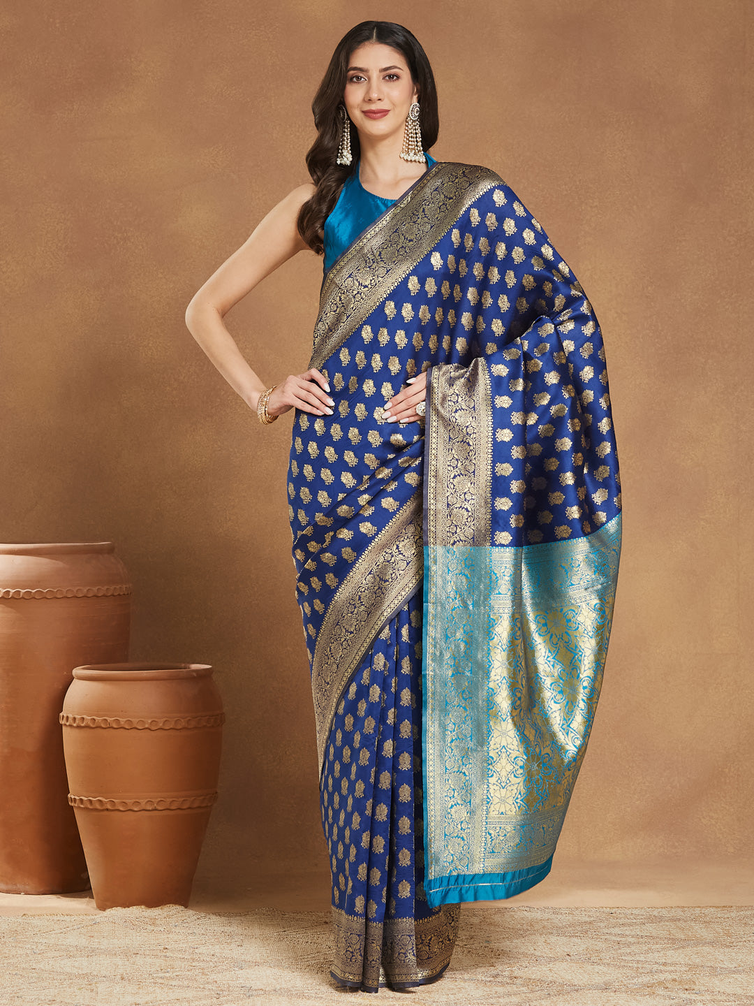 Janasya Women's Blue Silk Blend Ethnic Motifs Woven Design Banarasi Jacquard Saree with Blouse Piece - qivii