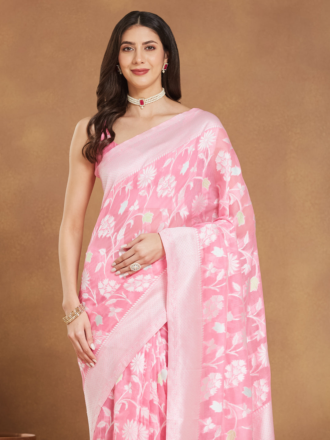 Janasya Women's Light Pink Silk Blend Floral Woven Design Jacquard Saree with Blouse Piece - qivii