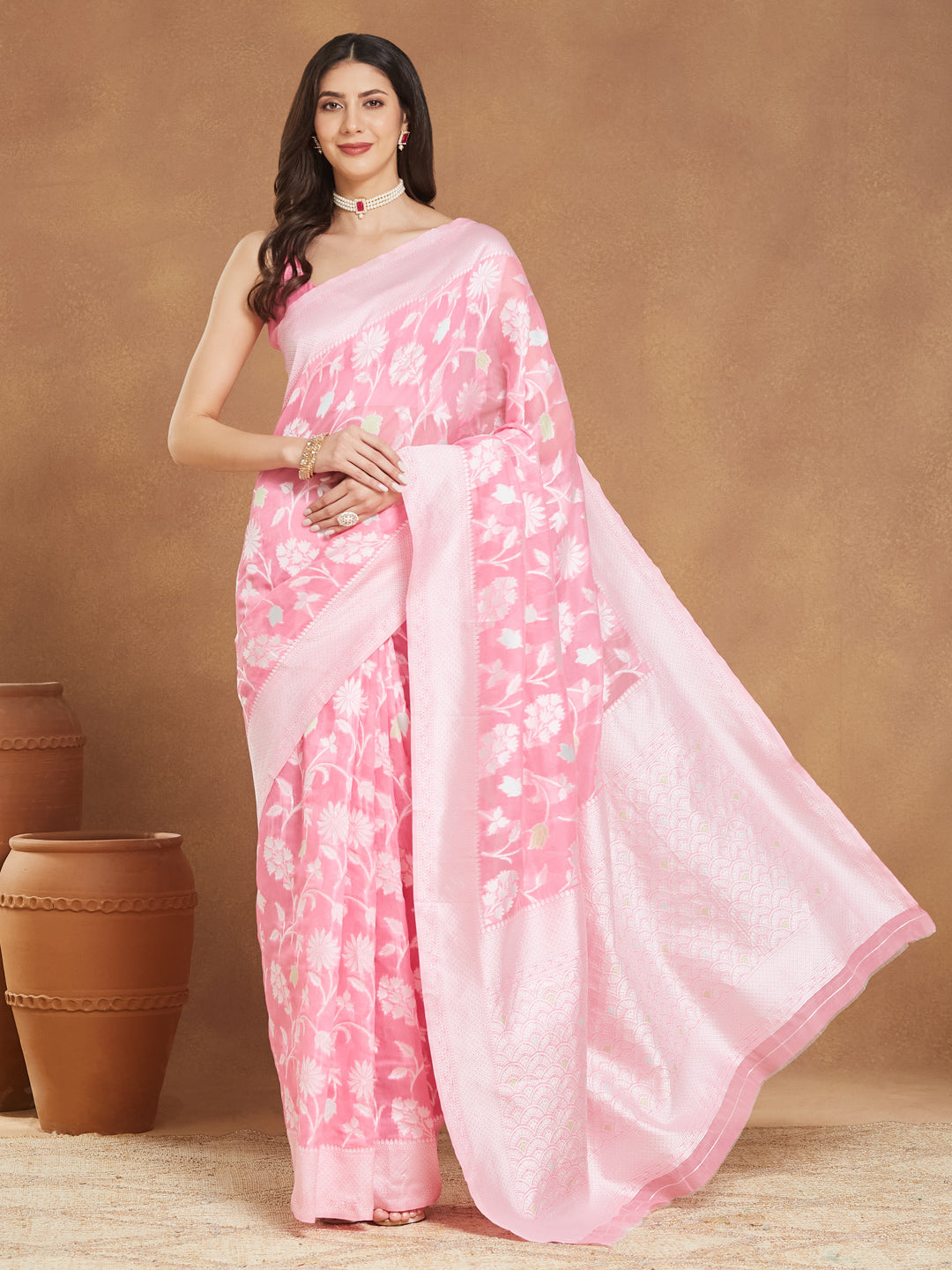 Janasya Women's Light Pink Silk Blend Floral Woven Design Jacquard Saree with Blouse Piece - qivii
