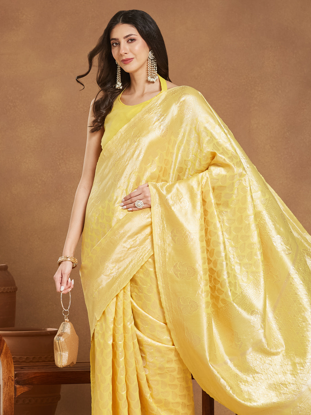 Janasya Women's Yellow Silk Blend Leaf Motifs Woven Design Jacquard Saree with Blouse Piece - qivii