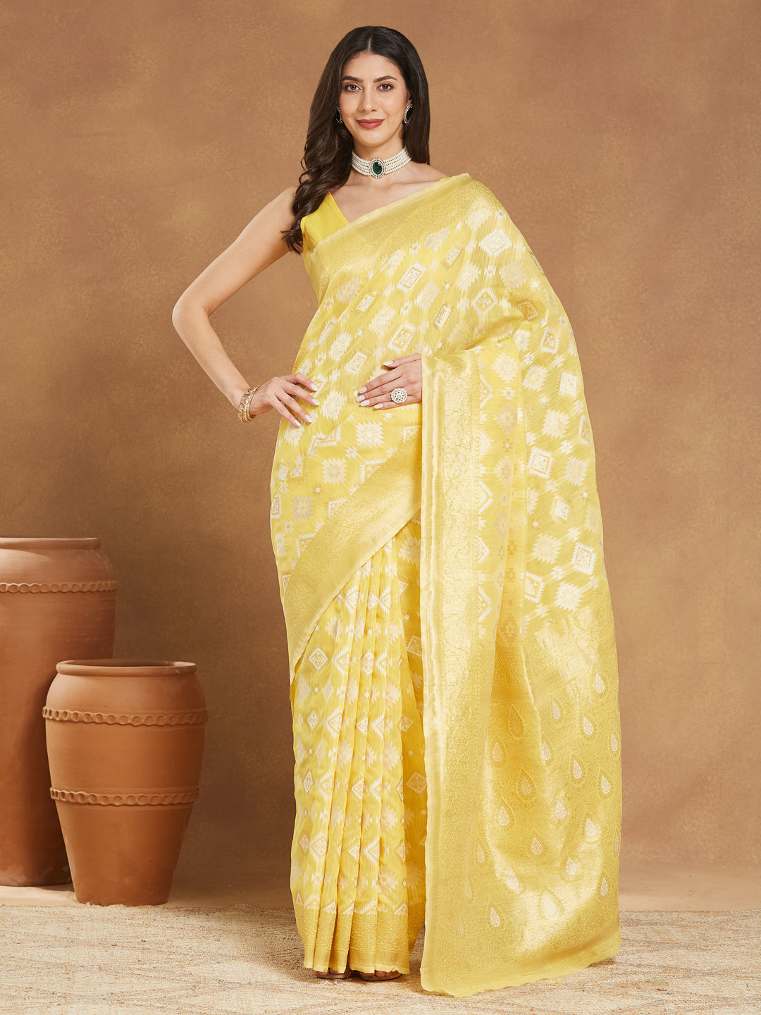 Janasya Women's Yellow Silk Blend Geometric Woven Design Jacquard Saree with Blouse Piece - qivii