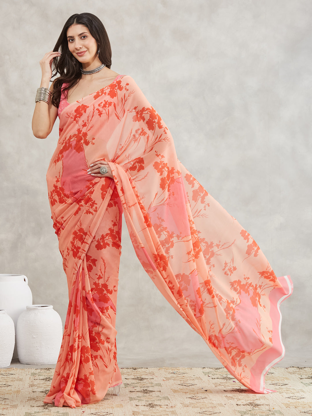 Janasya Women's Peach Georgette Floral Printed Printed Saree with Blouse Piece - qivii