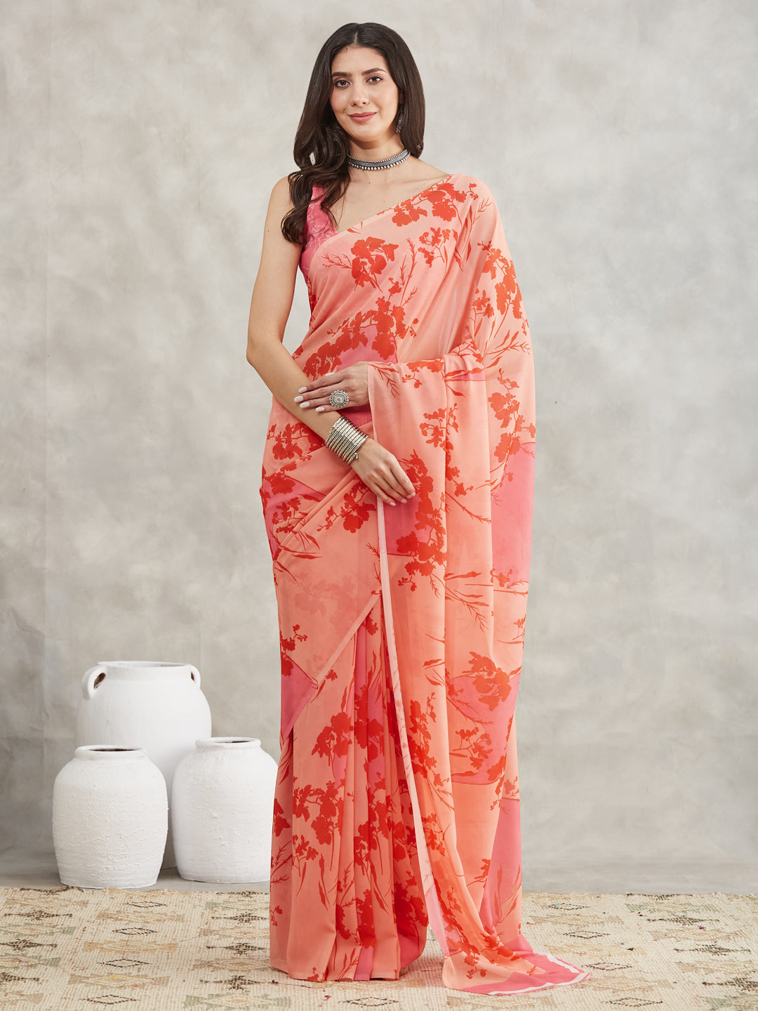 Janasya Women's Peach Georgette Floral Printed Printed Saree with Blouse Piece - qivii