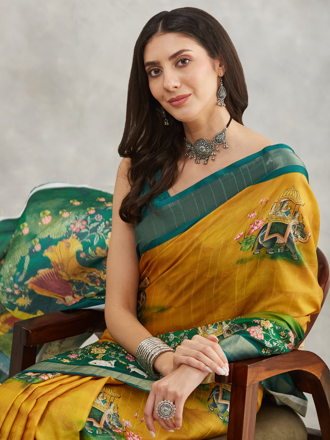 Janasya Women's Mustard Silk Blend Ethnic Motifs Printed Printed Saree with Blouse Piece - qivii