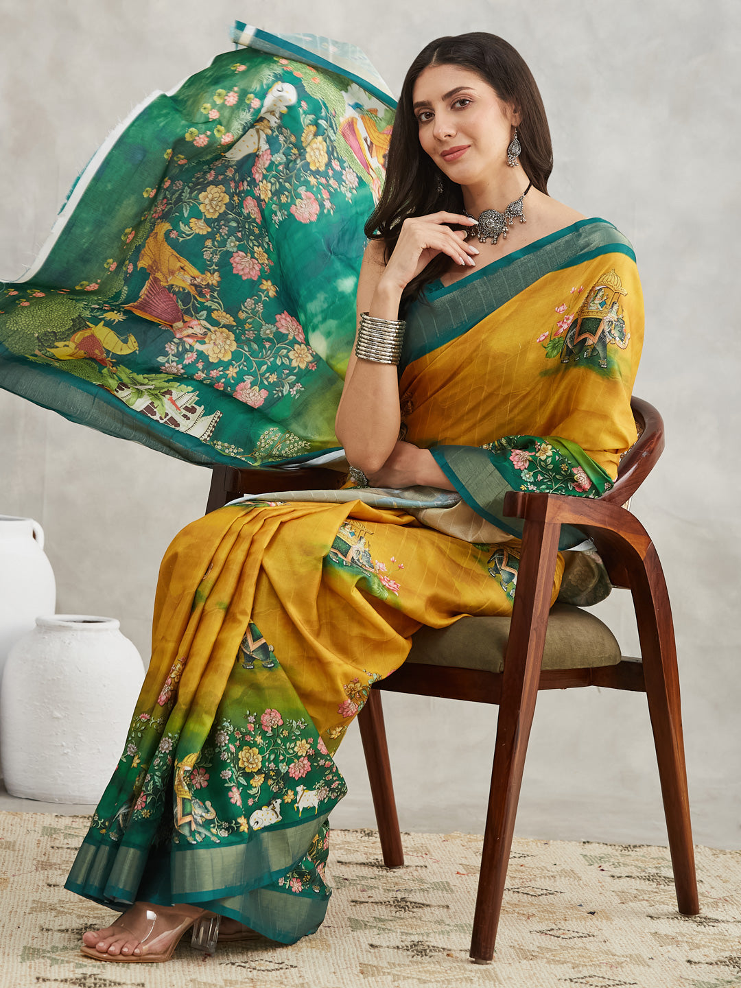 Janasya Women's Mustard Silk Blend Ethnic Motifs Printed Printed Saree with Blouse Piece - qivii