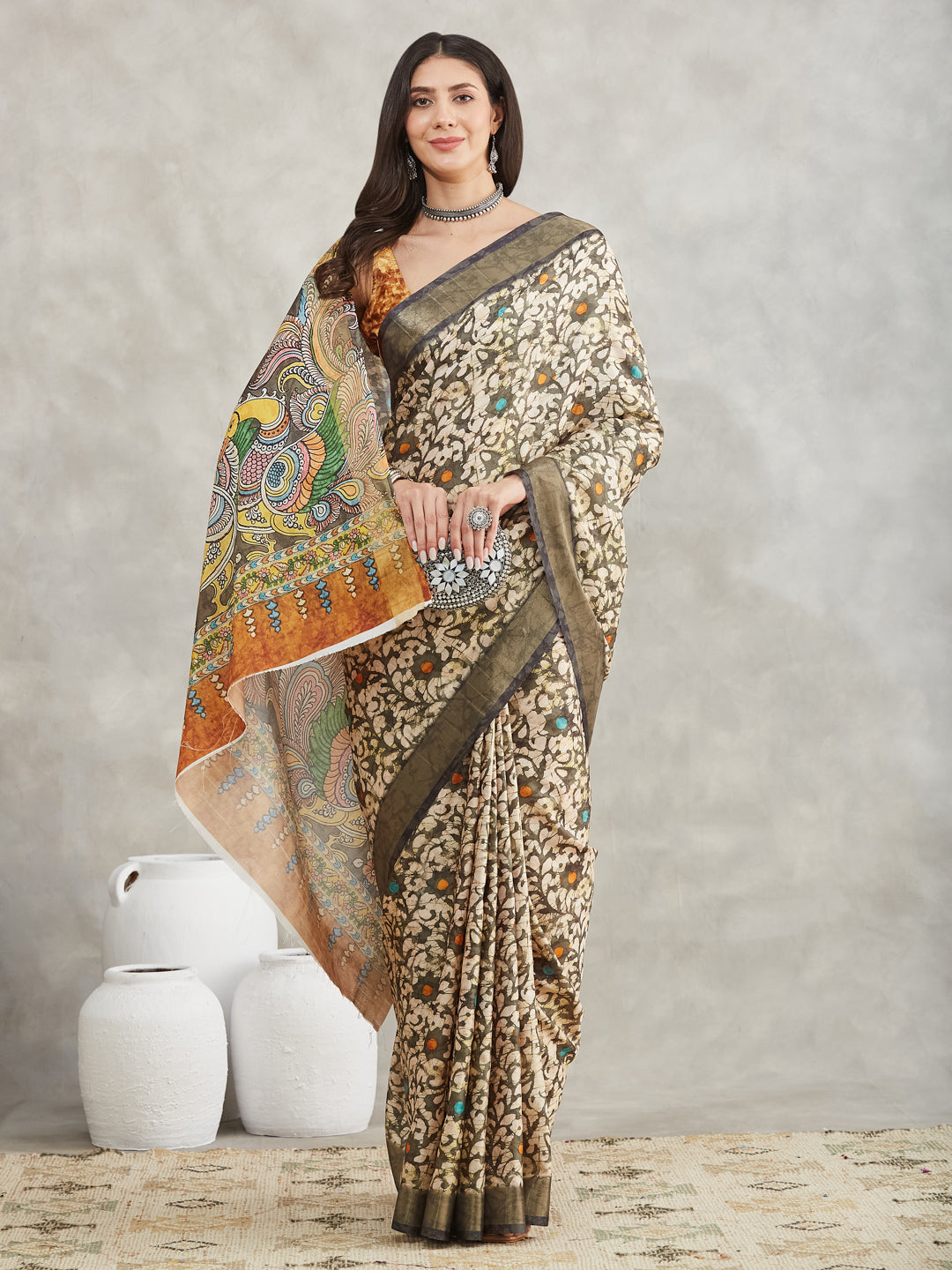 Janasya Women's Olive Green Silk Blend Floral Printed Printed Saree with Blouse Piece - qivii