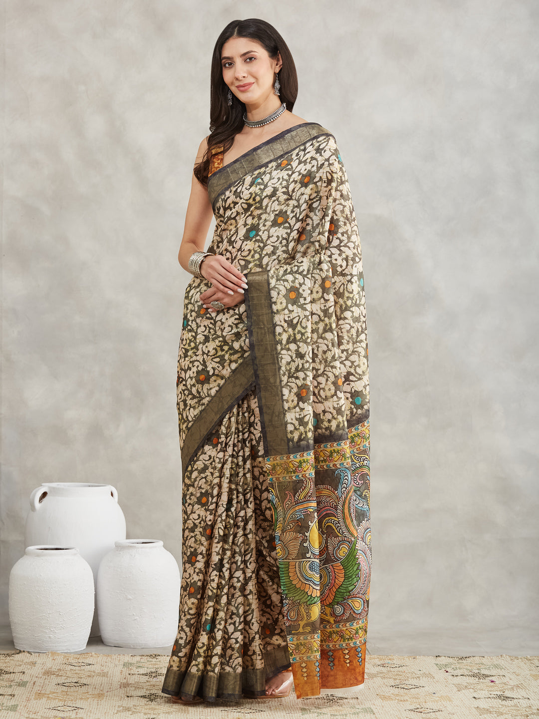 Janasya Women's Olive Green Silk Blend Floral Printed Printed Saree with Blouse Piece - qivii