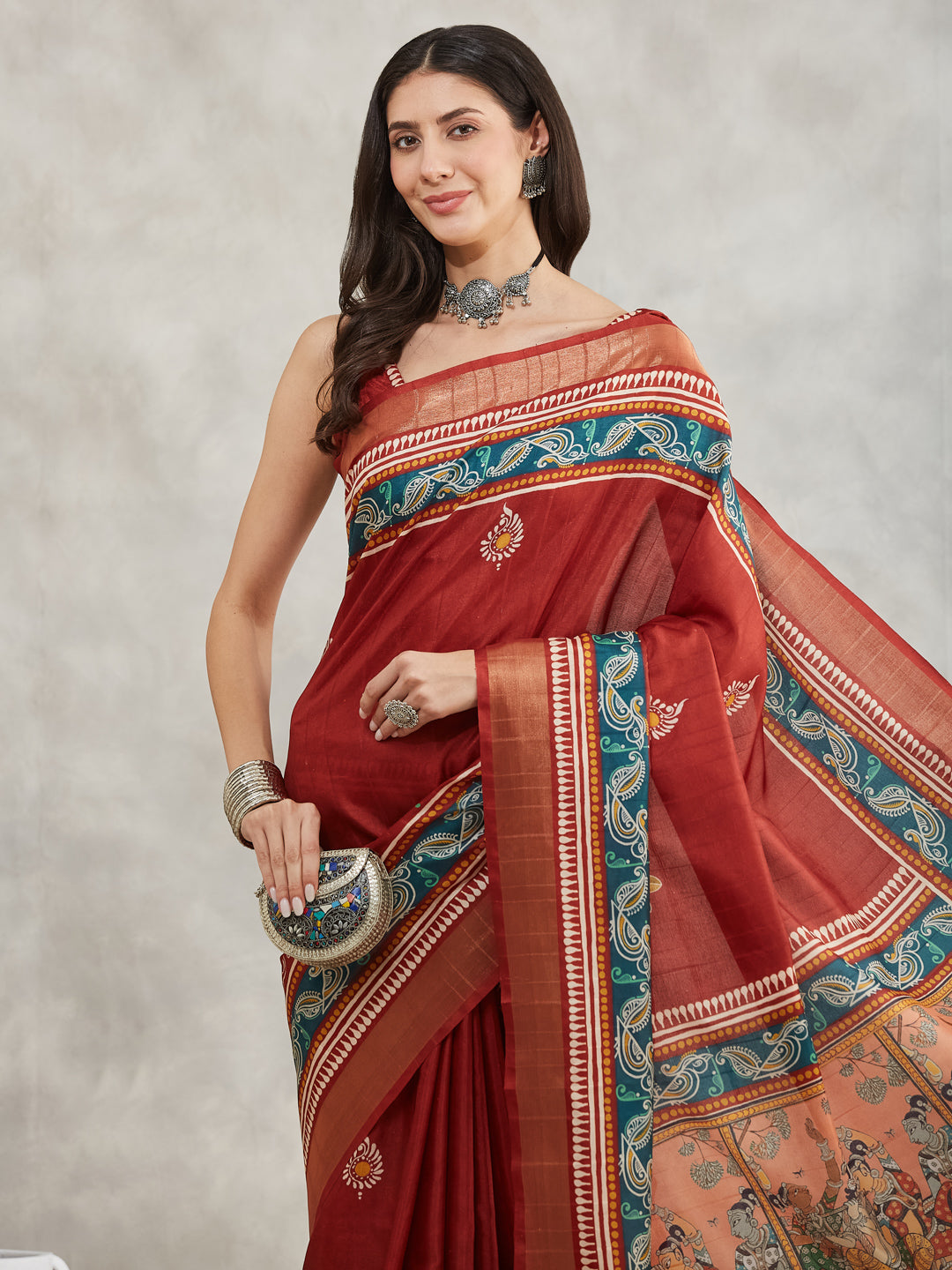 Janasya Women's Rust Silk Blend Paisley Printed Printed Saree with Blouse Piece - qivii