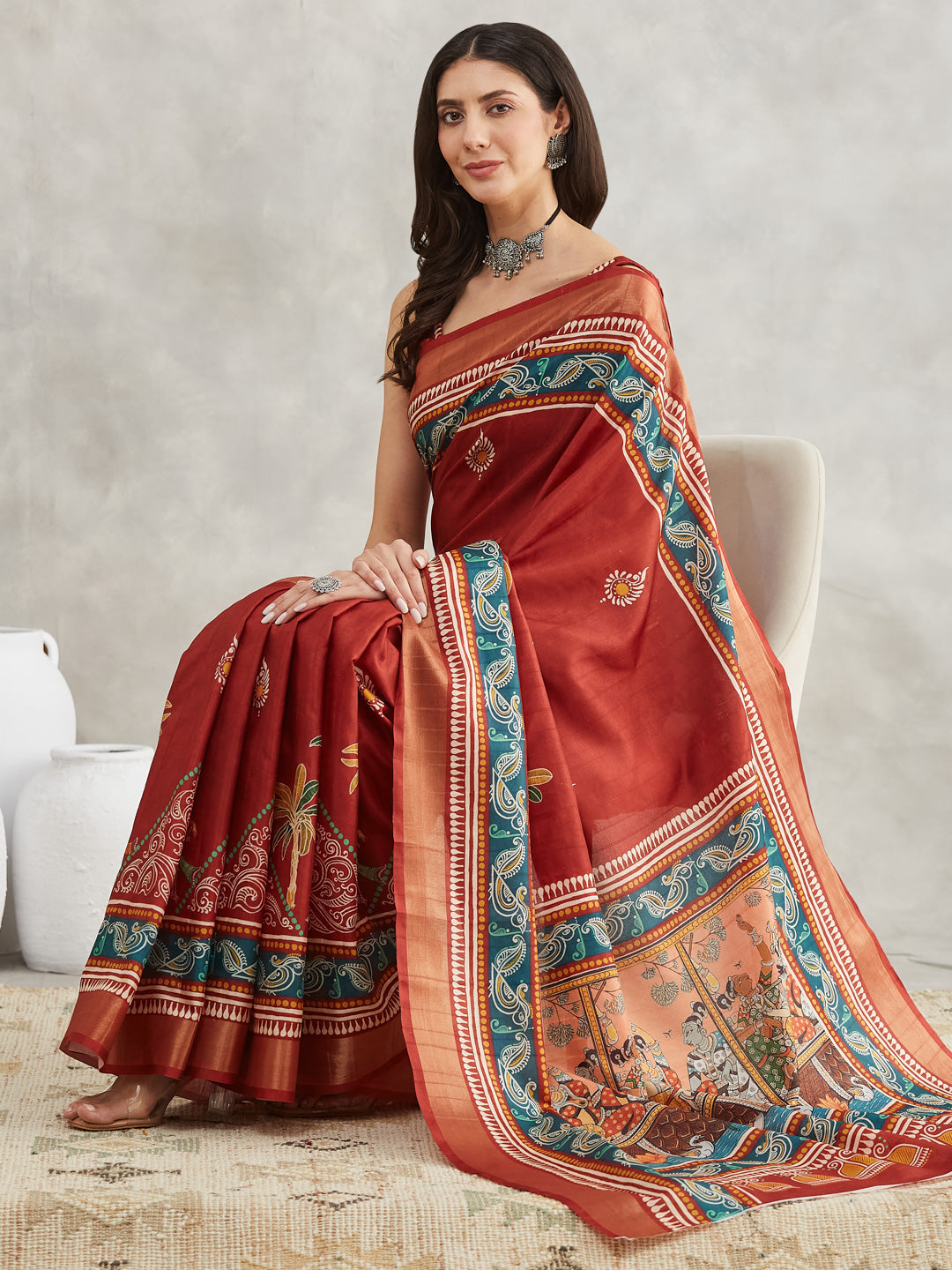 Janasya Women's Rust Silk Blend Paisley Printed Printed Saree with Blouse Piece - qivii