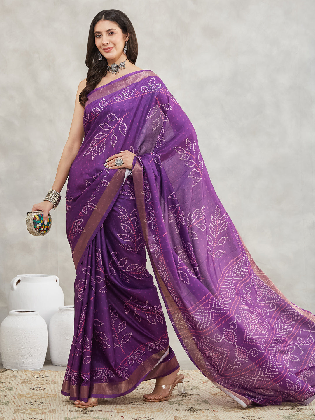 Janasya Women's Purple Silk Blend Bandhani Printed Printed Saree with Blouse Piece - qivii